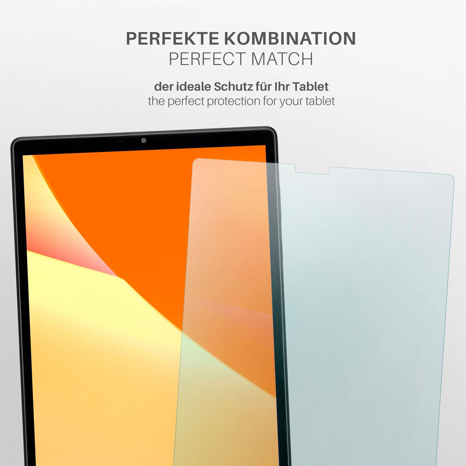 Ein Tablet mit Displayschutz. Der Text sagt 'perfekte Kombination' und ist für den Tablet-Bildschirm.