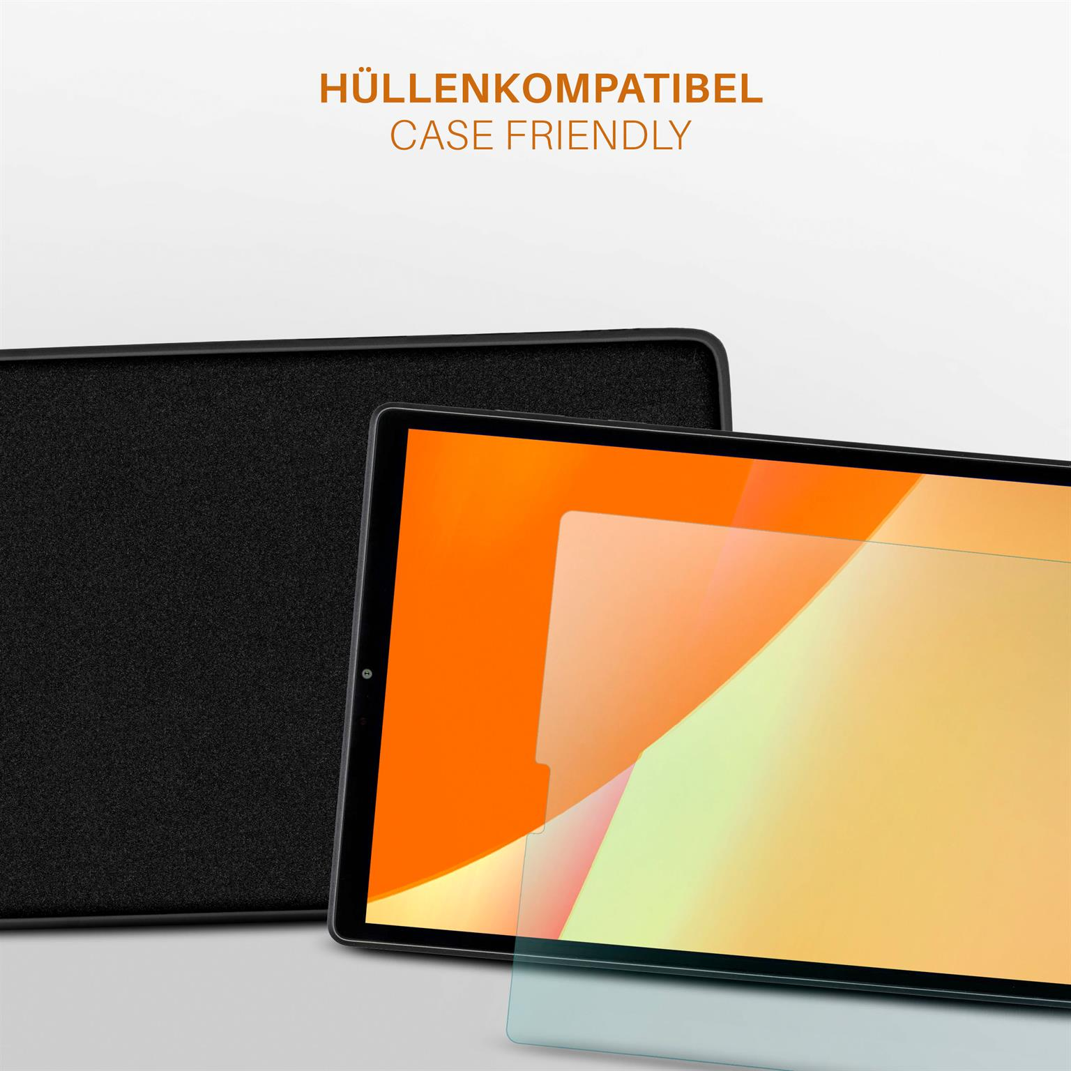 Tablet und Displayschutz. Schwarzes Tablet-Case und eine transparente Displayschutzfolie.