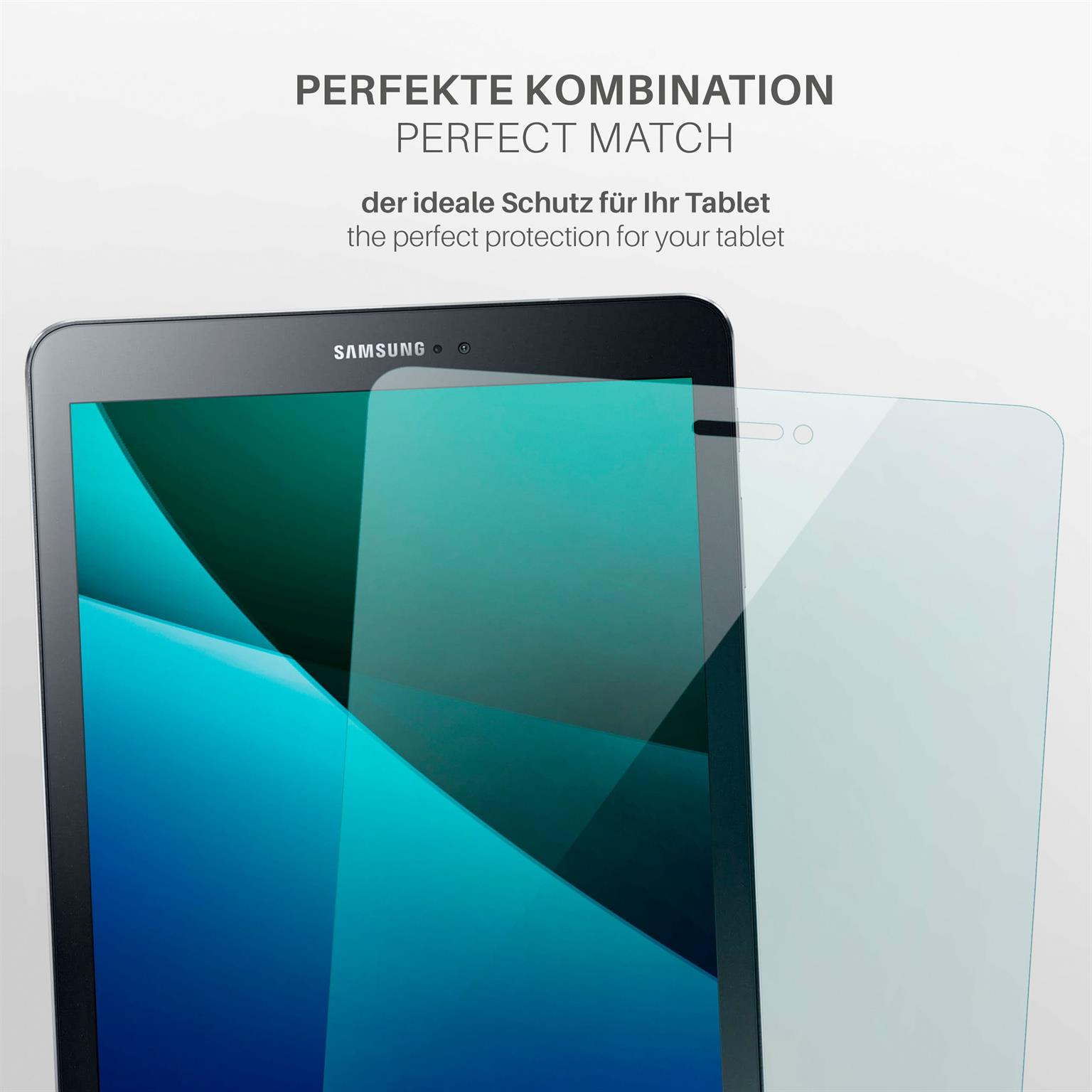 Tablet-Bildschirm mit angebrachter Displayschutzfolie. Text: Perfekte Übereinstimmung.
