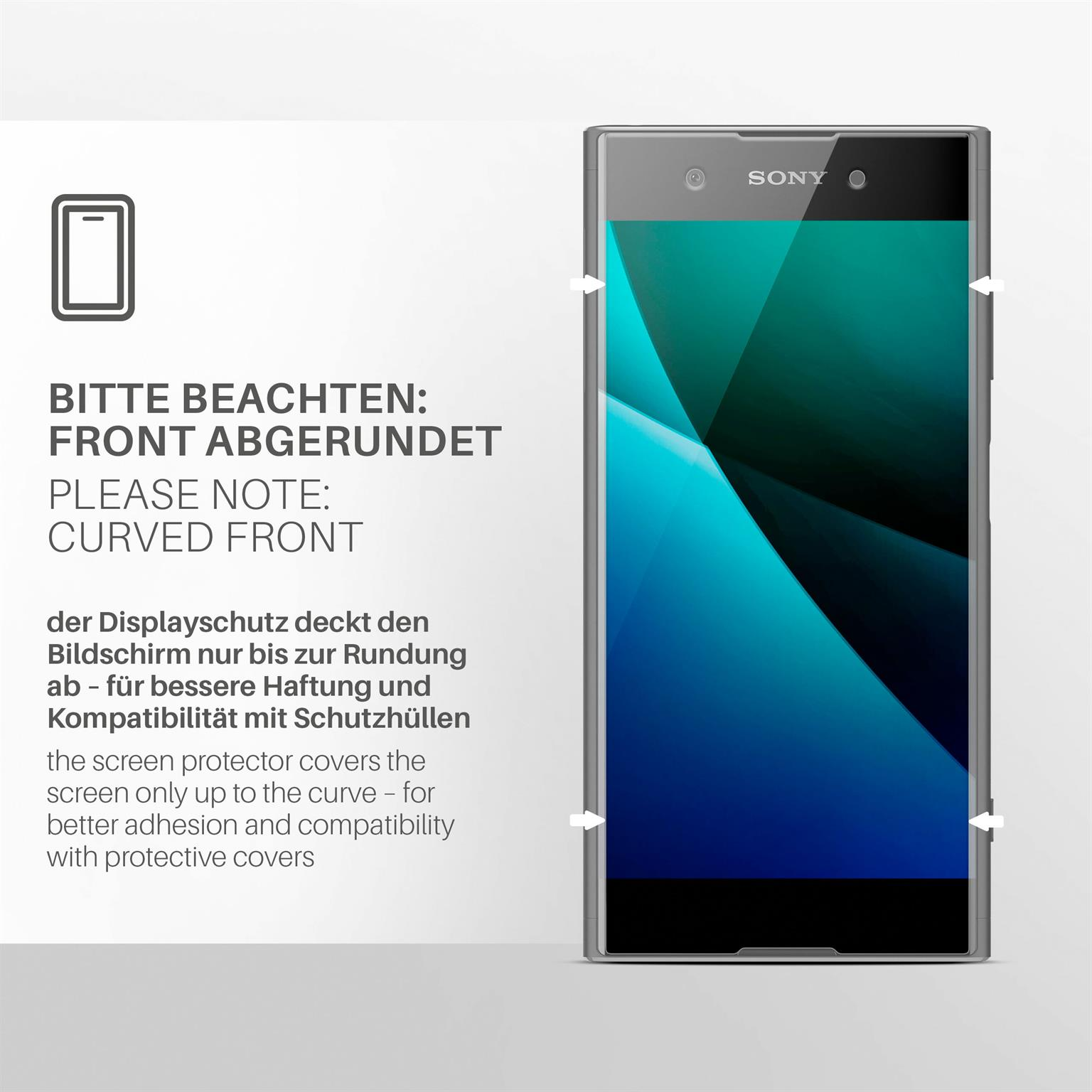 Ein Telefon mit Displayschutz, das eine gewölbte Vorderseite zeigt, umgeben von Text. Text und Pfeile heben seine Form hervor.