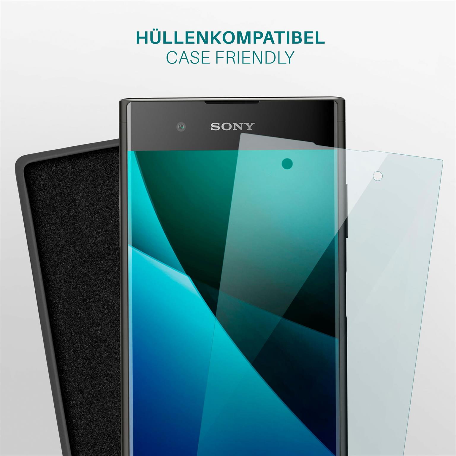 Telefon mit Displayschutz und Hülle. Text: Hüllenfreundlich, Telefon und Schutz.
