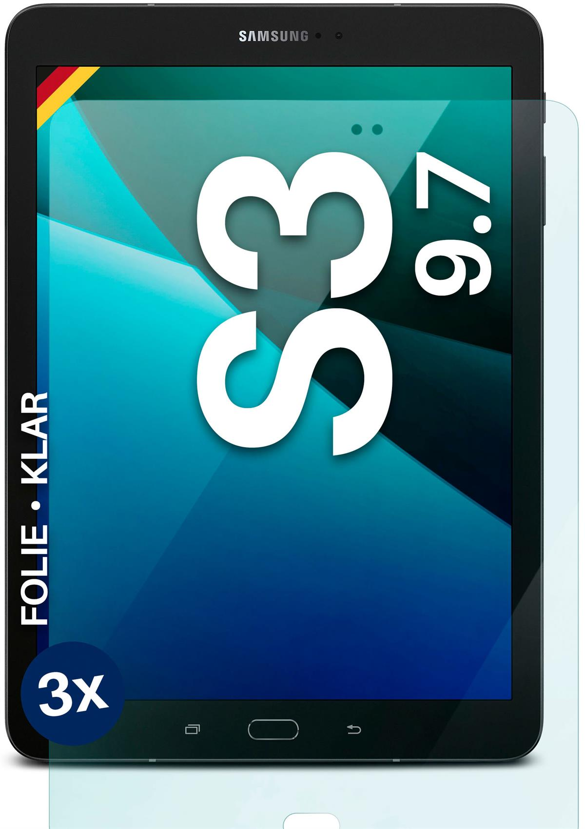 Samsung S3 9.7 Tablet mit Displayschutz. Das Tablet ist schwarz mit blauem Hintergrund.