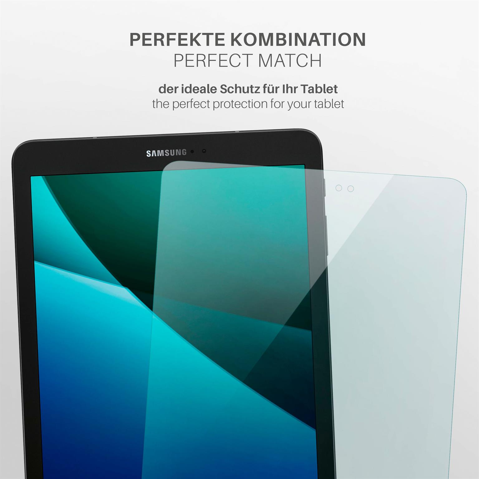 Tablet mit Displayschutzfolie. Texte: Perfekte Kombination, der ideale Schutz für Ihr Tablet.