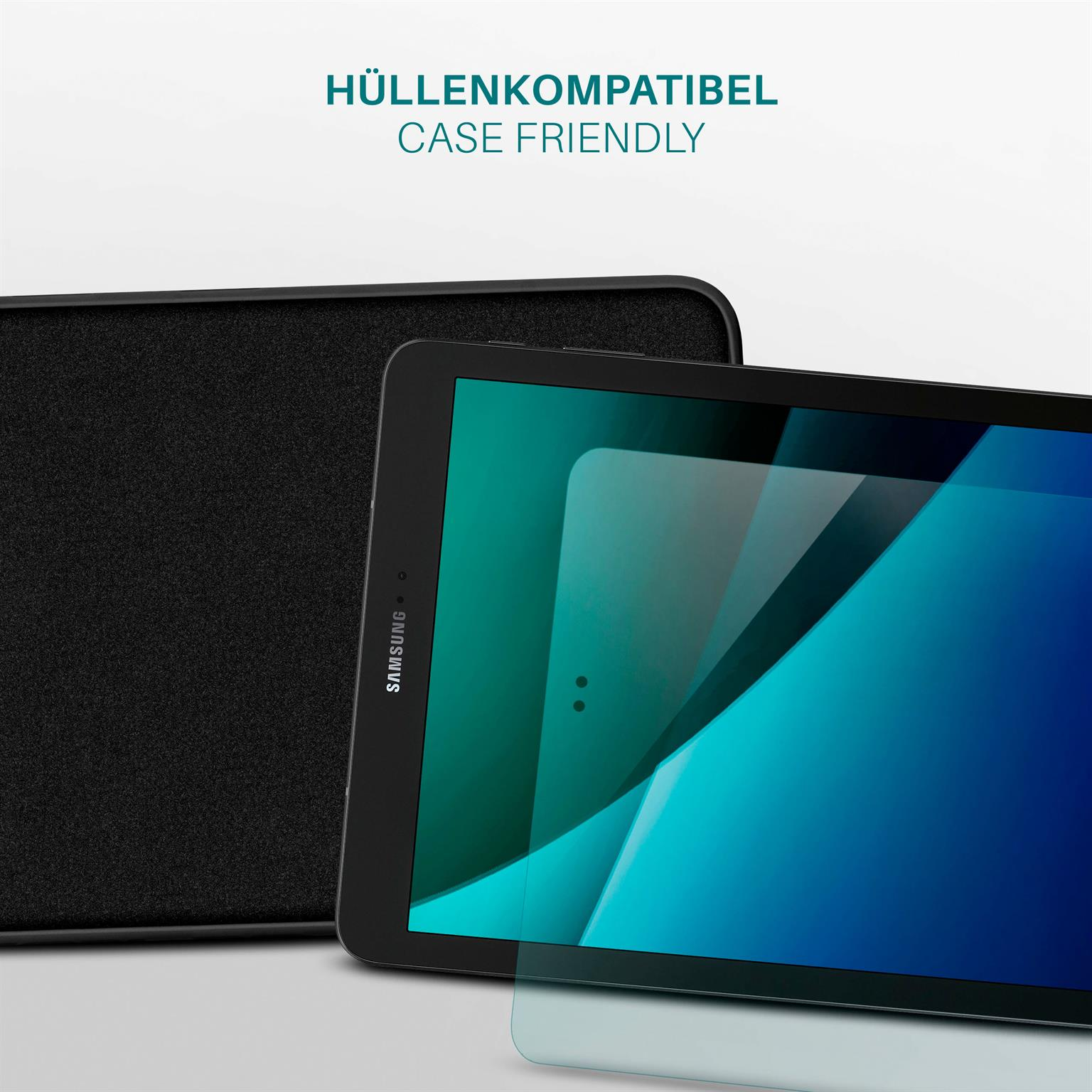 Ein Tablet und eine Hülle. Der Tablet-Bildschirm ist blau. Text: Gehäusefreundlich.