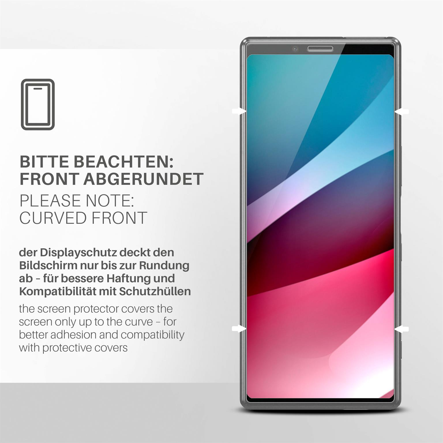 Displayschutz auf Telefon. Text: Abgerundete Front. Pink und blauer Farbverlauf auf dem Bildschirm.