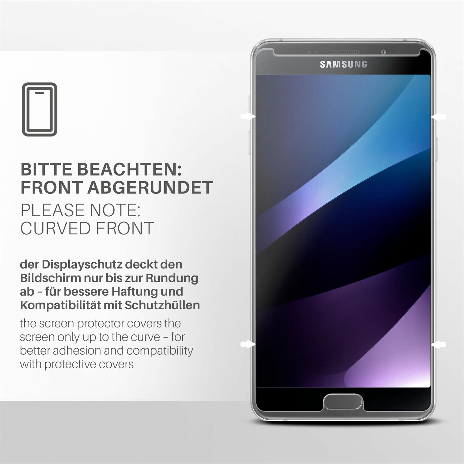 Smartphone-Displayschutz auf einem Telefon. Zeigt gebogene Kante und Text.