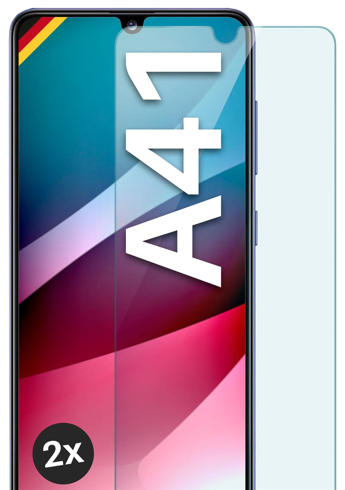Smartphone mit Text A41, rosa und blauer Hintergrund. Displayschutzfolie rechts. '2x' unten links.