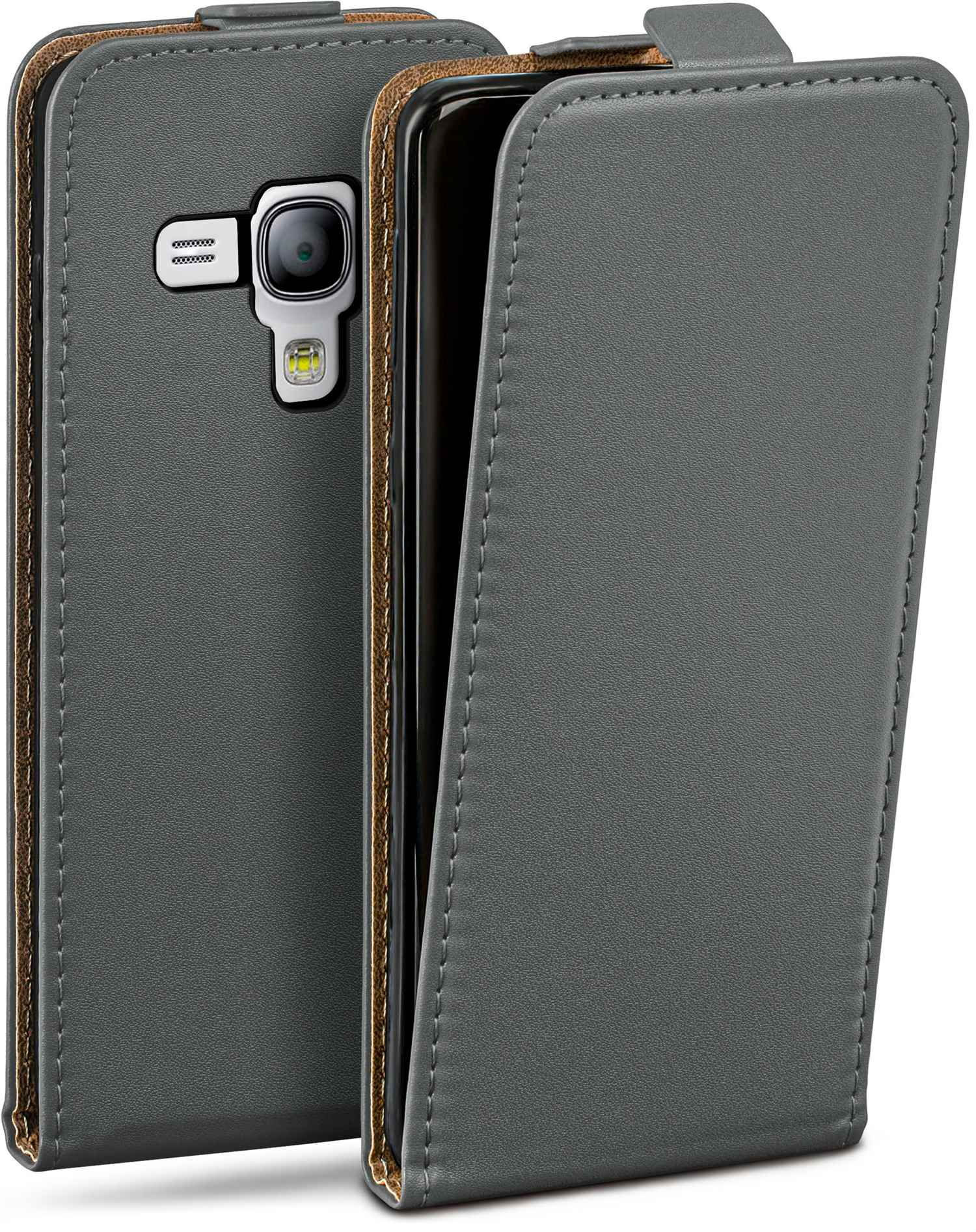 Graue Leder-Handyhülle, offen, zeigt das Telefon im Inneren. Eine Kamera ist auf der Rückseite sichtbar.