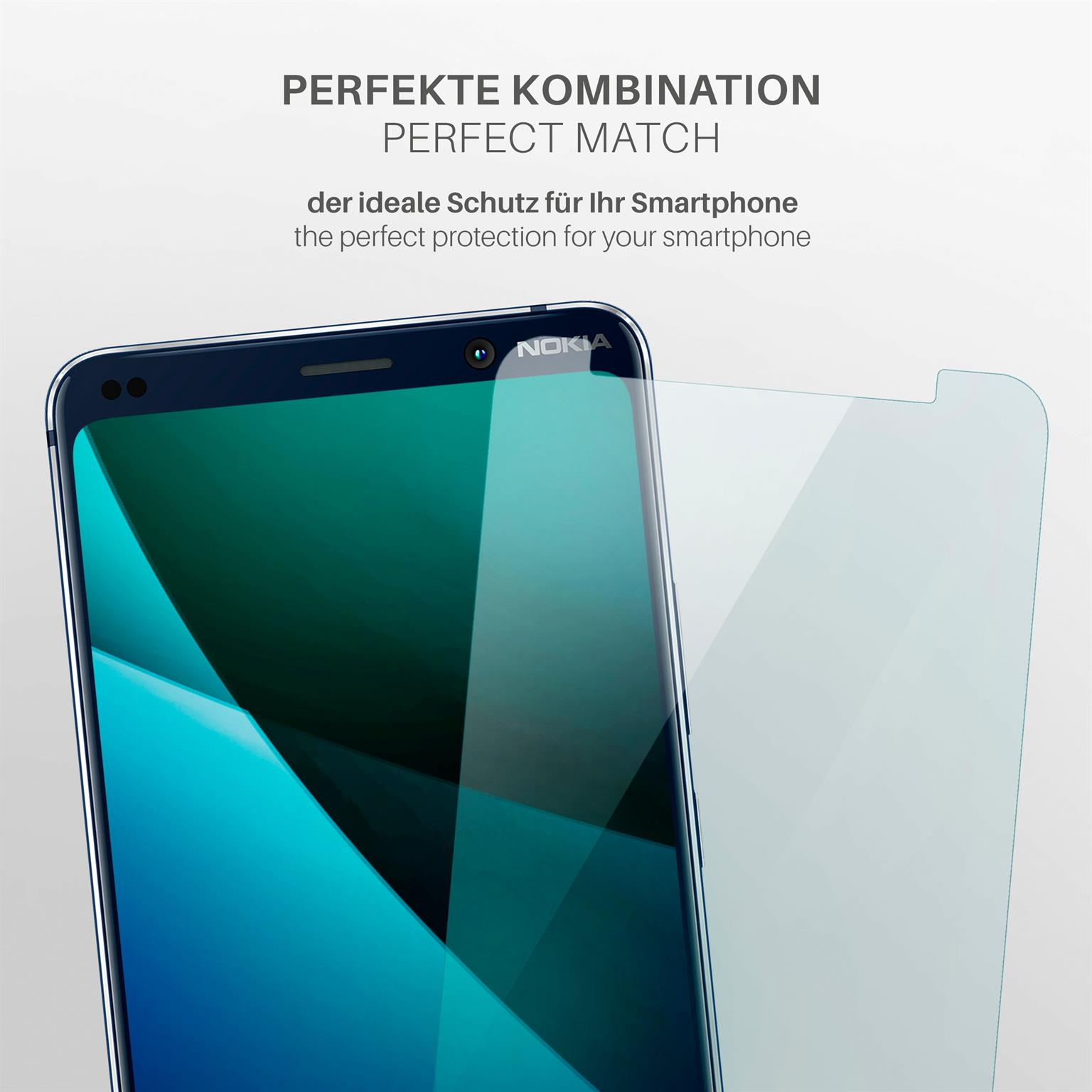 Telefon mit angebrachter Displayschutzfolie. Nokia-Logo auf dem Bildschirm.