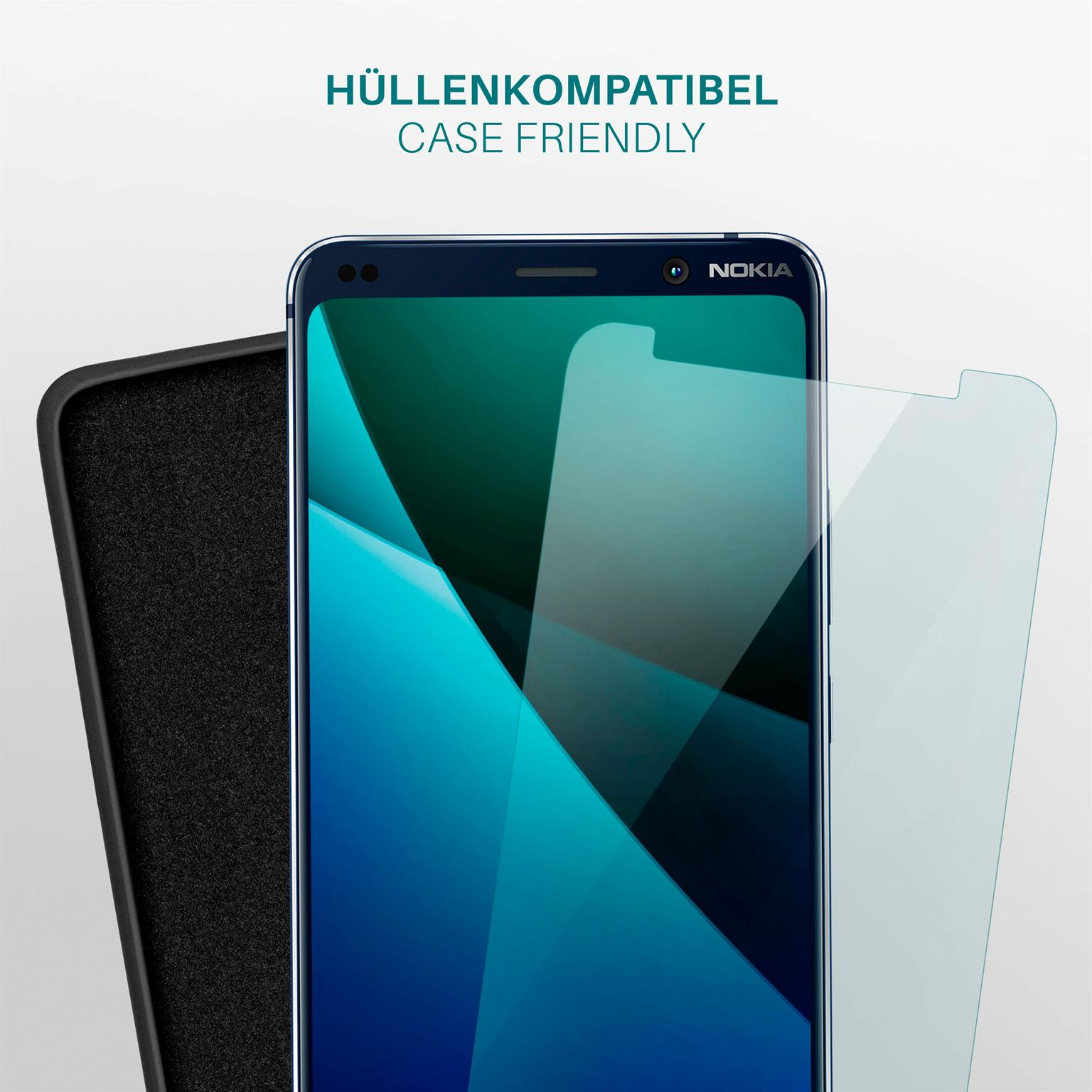 Smartphone mit Displayschutzfolie und Hülle, Hüllenfreundlich.
