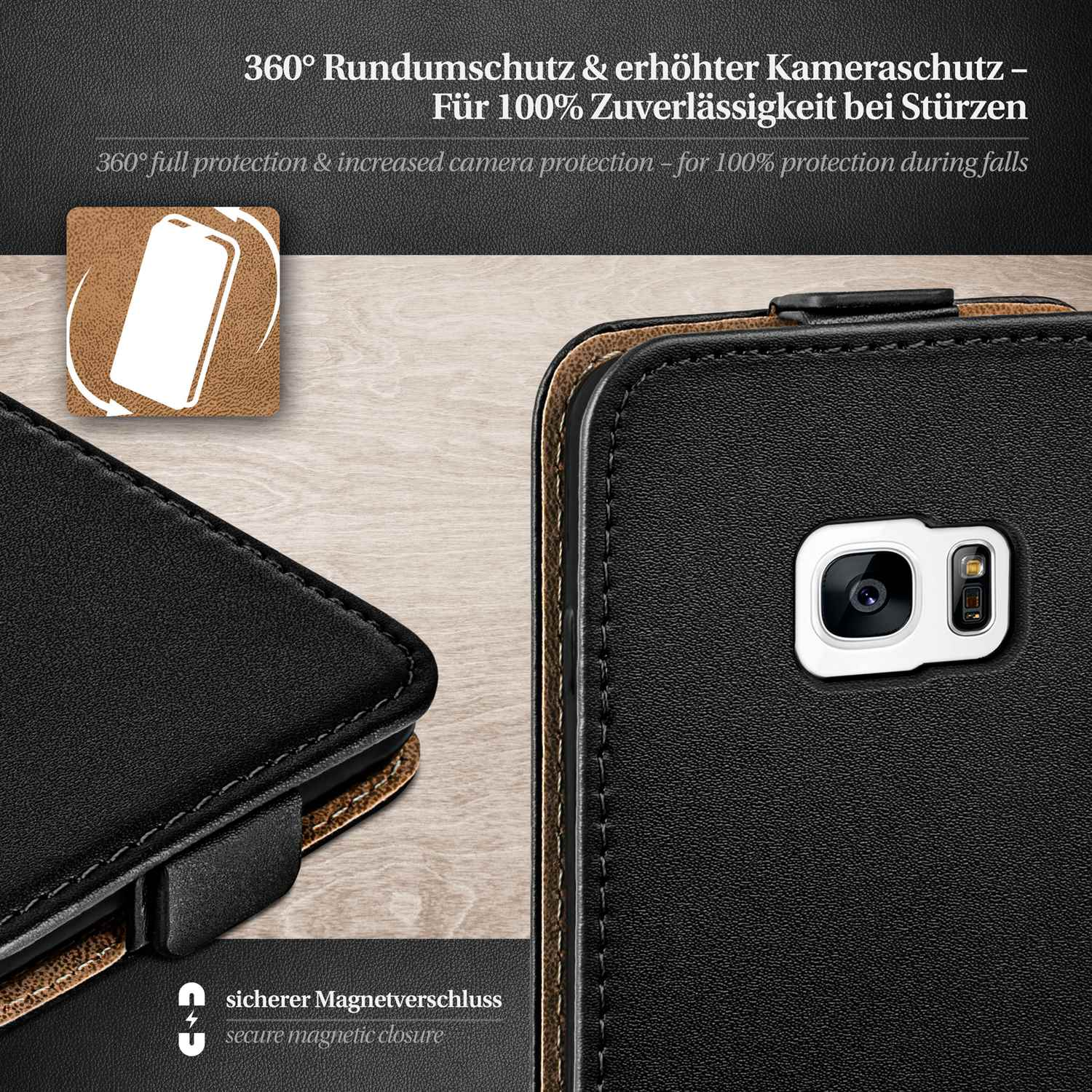 Schwarze Handyhülle mit Telefon darin, Seitenansicht, geschlossen, sicherer Magnetverschluss, deutsches Markenlogo.