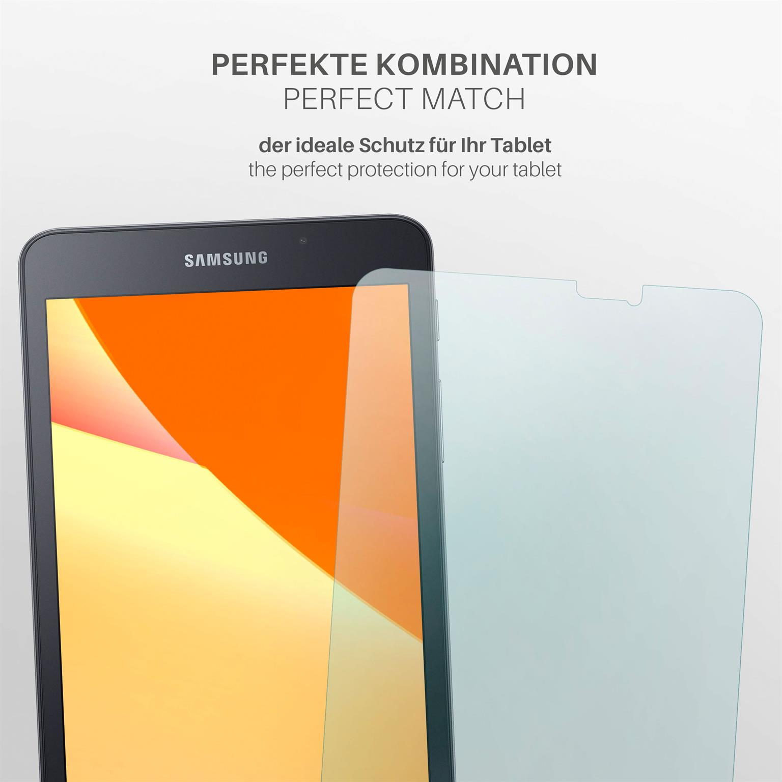 Ein Tablet und eine Displayschutzfolie. Der Schutz ist klar und auf dem Tablet-Bildschirm.