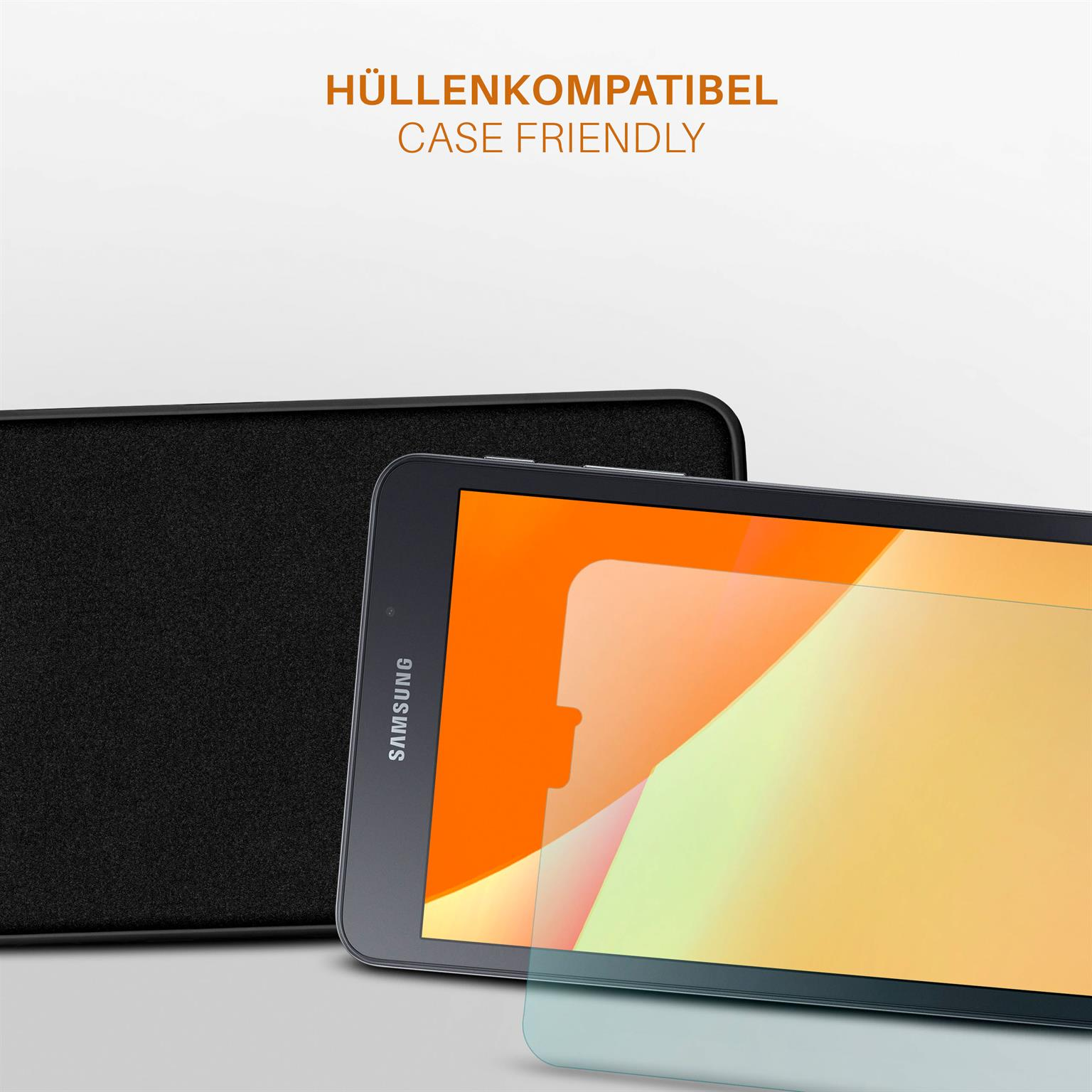 Tablet und Displayschutzfolie. Tablet auf weißem Untergrund, mit Displayschutzfolie und Hülle.
