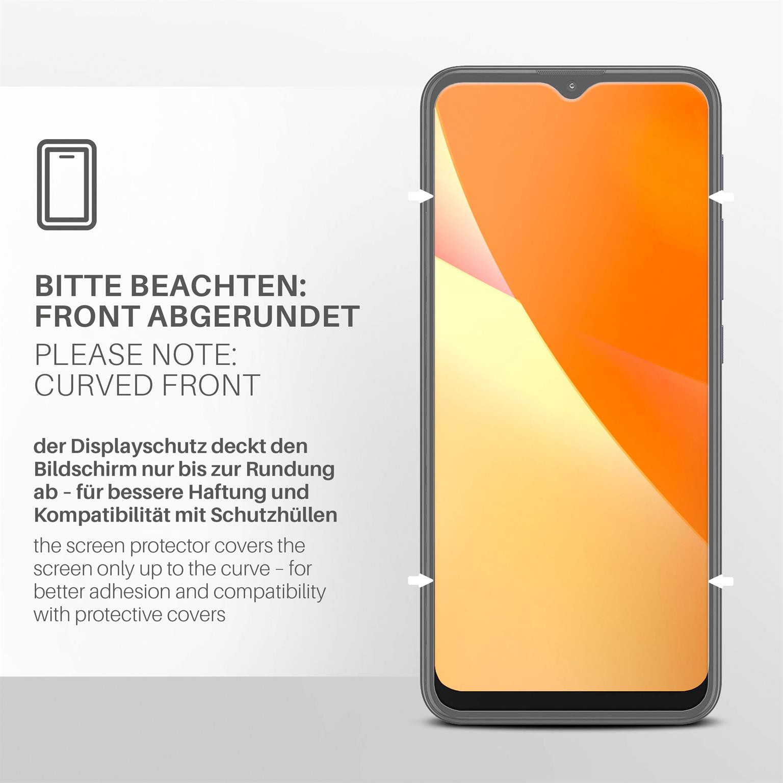 Ein Telefon mit einem orangefarbenen Farbverlauf wird gezeigt. Der Text weist auf eine gebogene Vorderseite hin.