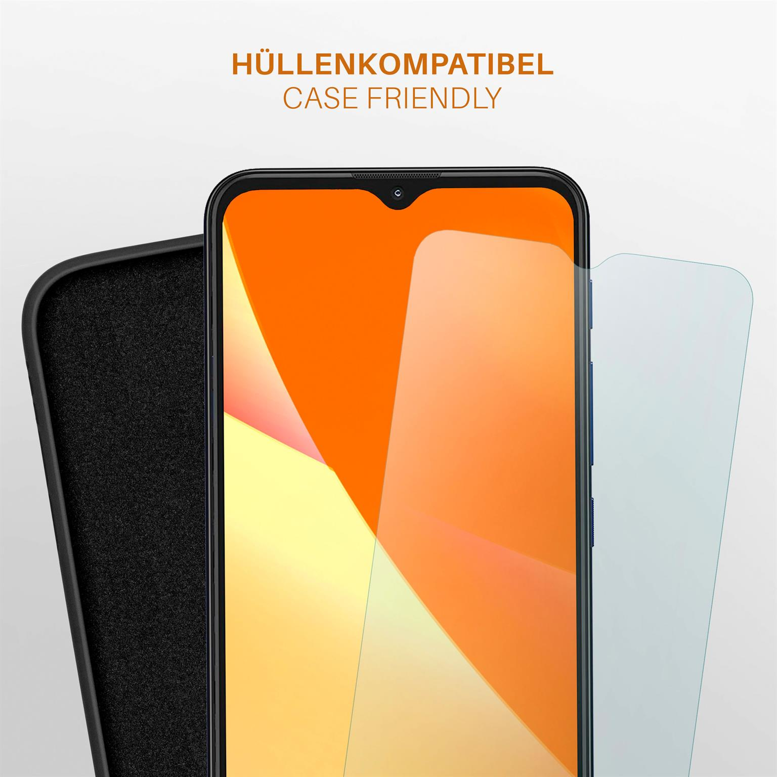 Telefon mit angebrachter Displayschutzfolie und Hülle. Text sagt 'Case friendly'.
