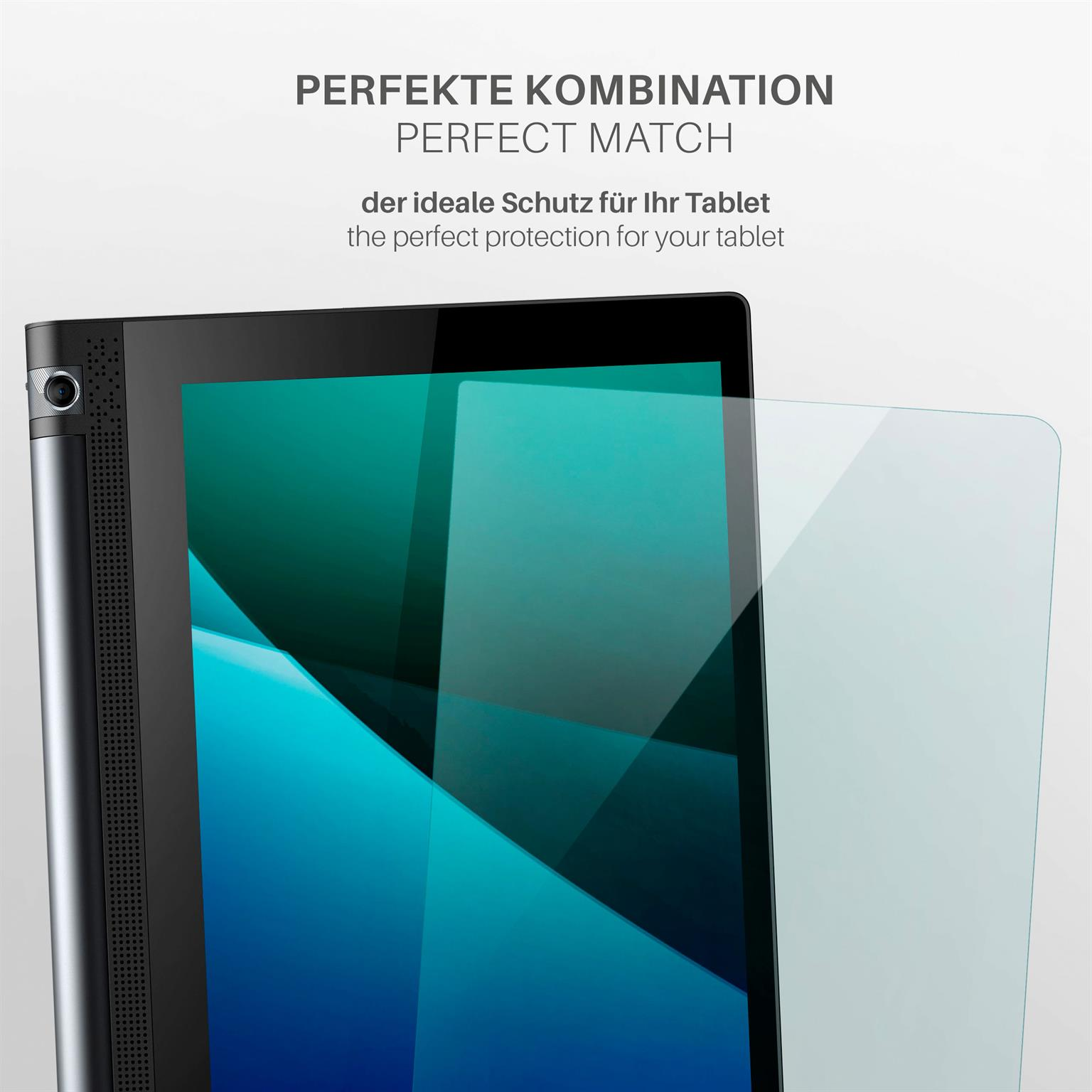 Tablet mit aufgebrachter Displayschutzfolie, mit Textüberlagerung.