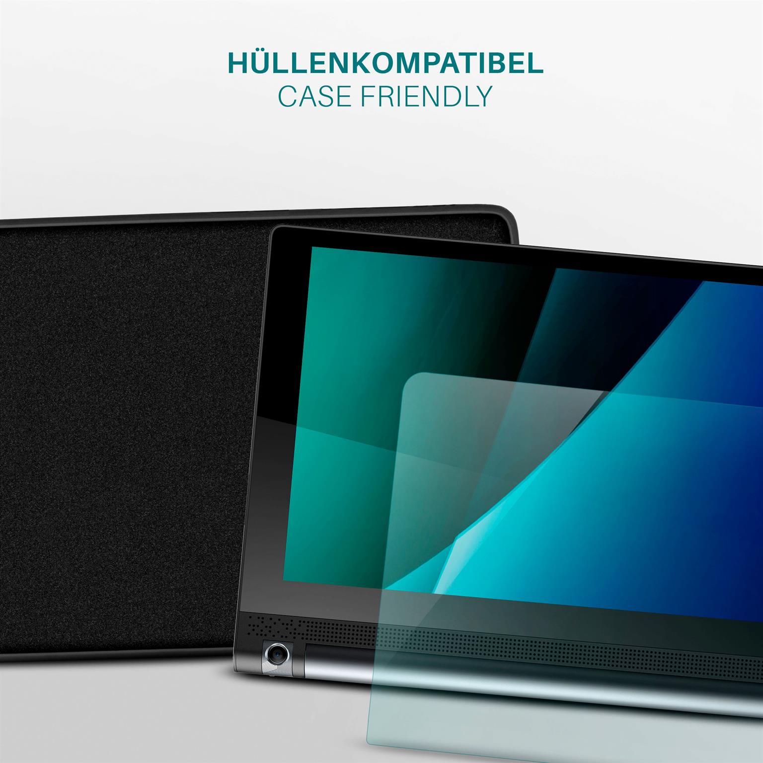 Ein Tablet mit angebrachter Displayschutzfolie, neben einer schwarzen Schutzhülle.