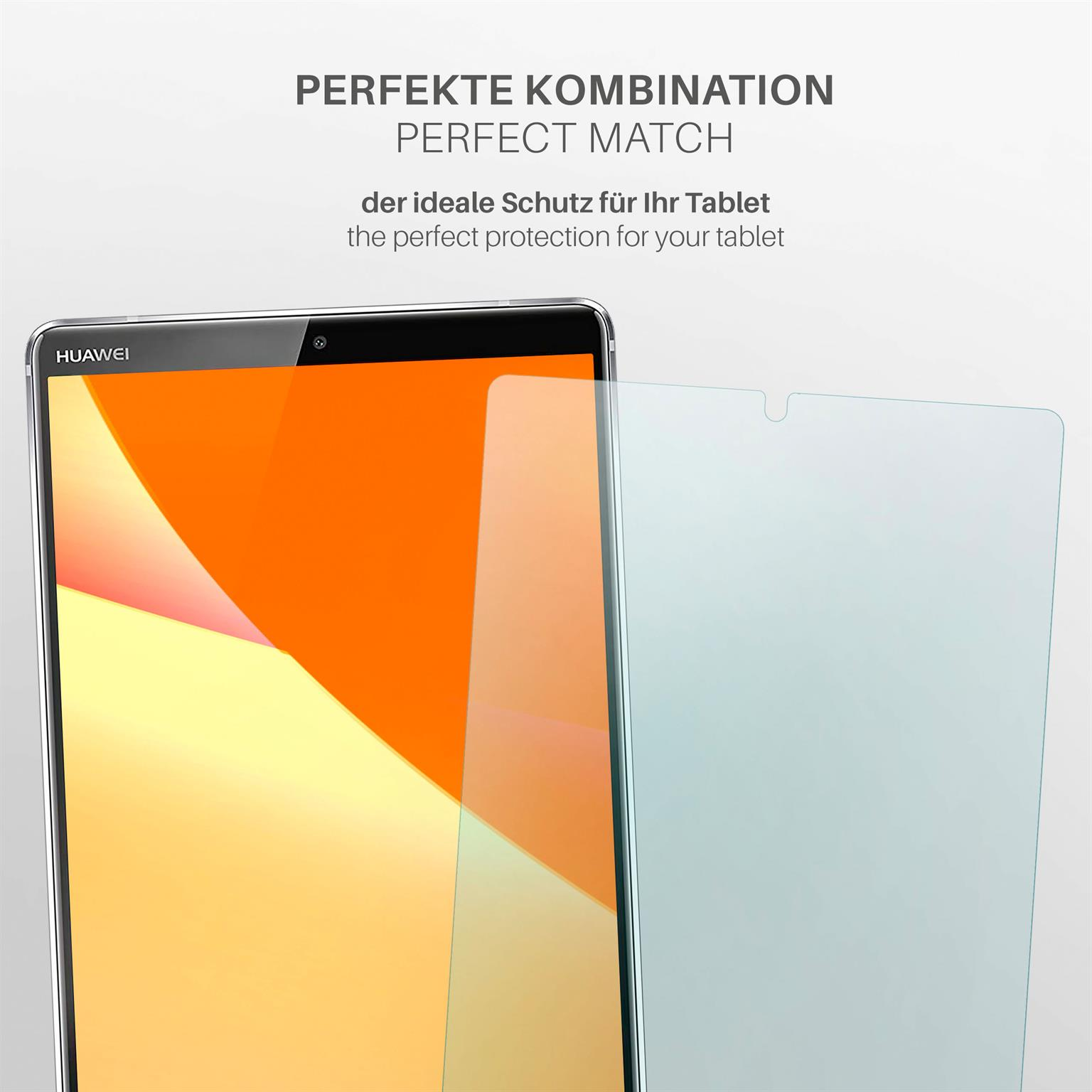 Eine Displayschutzfolie wird auf einen Telefonbildschirm gelegt, mit den Worten 'PERFECT MATCH' oben.