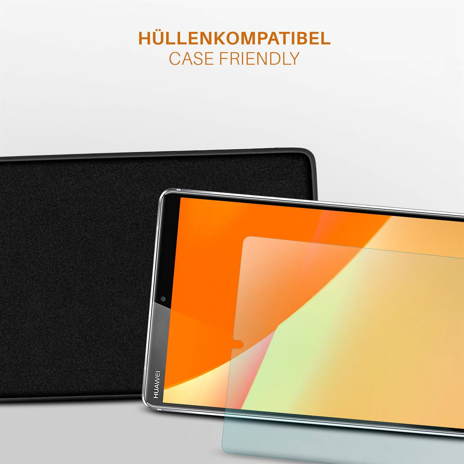 Ein Tablet und Displayschutz. Text: 'Hüllenkompatibel'.