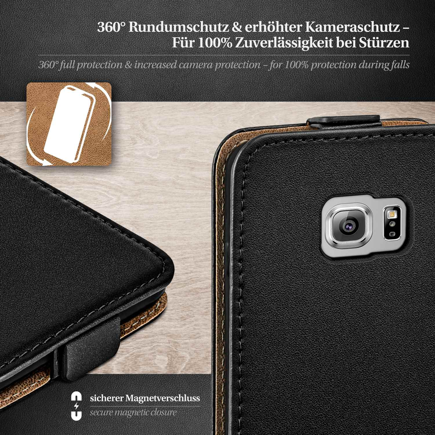 Eine schwarze Handyhülle mit detailliertem Design. Text weist auf 360° Schutz bei Stürzen hin.