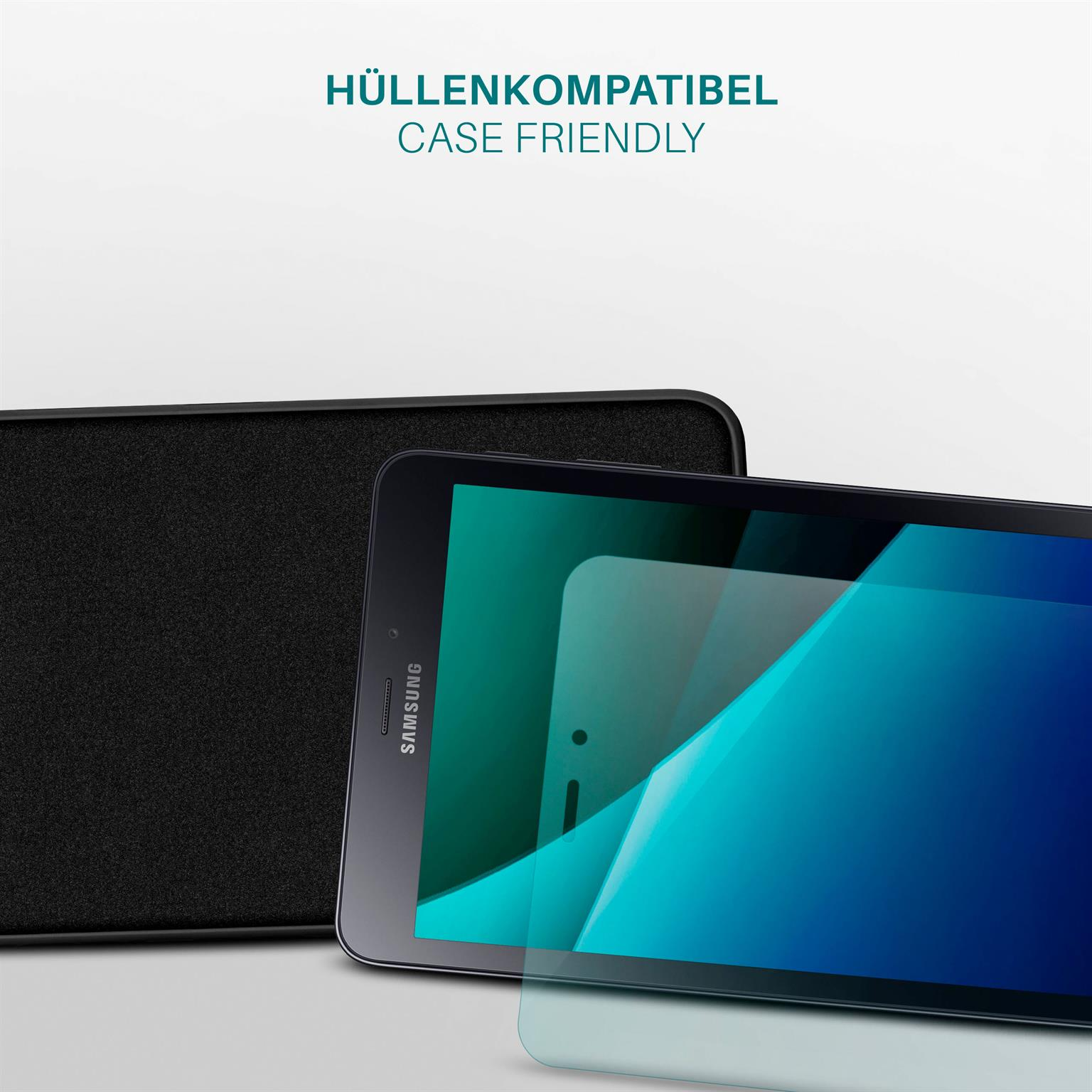 Tablet mit schwarzer Hülle und Displayschutz. Text: Hüllenkompatibel. Schwarze Hülle, blauer Bildschirm.