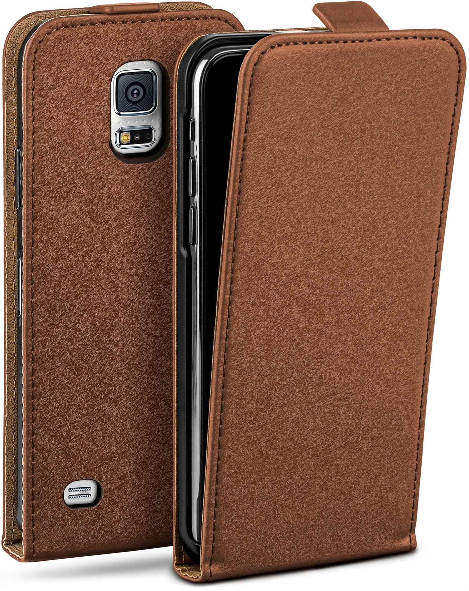 Braune Handyhülle geöffnet mit einem Telefon darin. Die Hülle ist aus dunkelbraunem Leder und das Telefon schwarz.