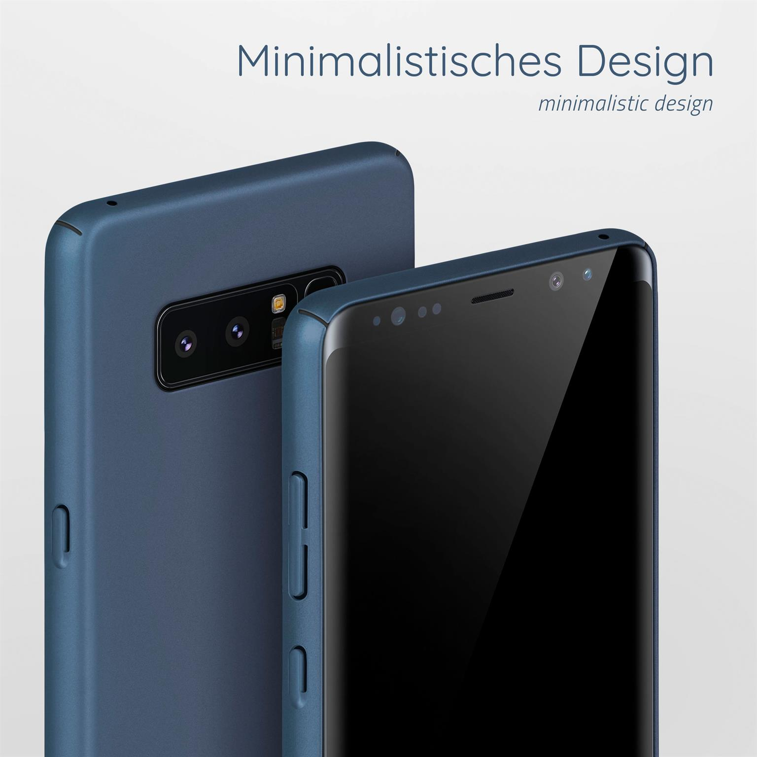 Zwei Handyhüllen, blaue Farbe, auf weißem Hintergrund. Eine Hülle zeigt die Rückseite, die andere die Vorderseite. Minimalistisches Design.