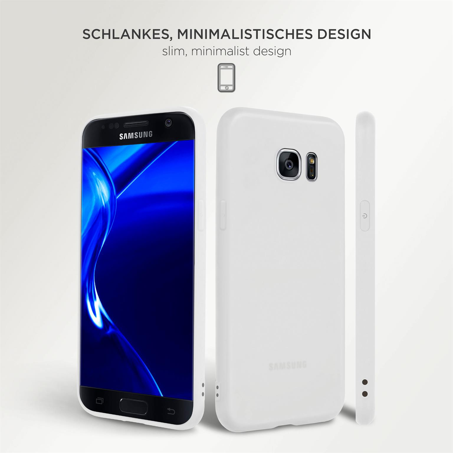 Weißes Handycase auf einem Samsung-Telefon. Drei Winkel werden gezeigt.
