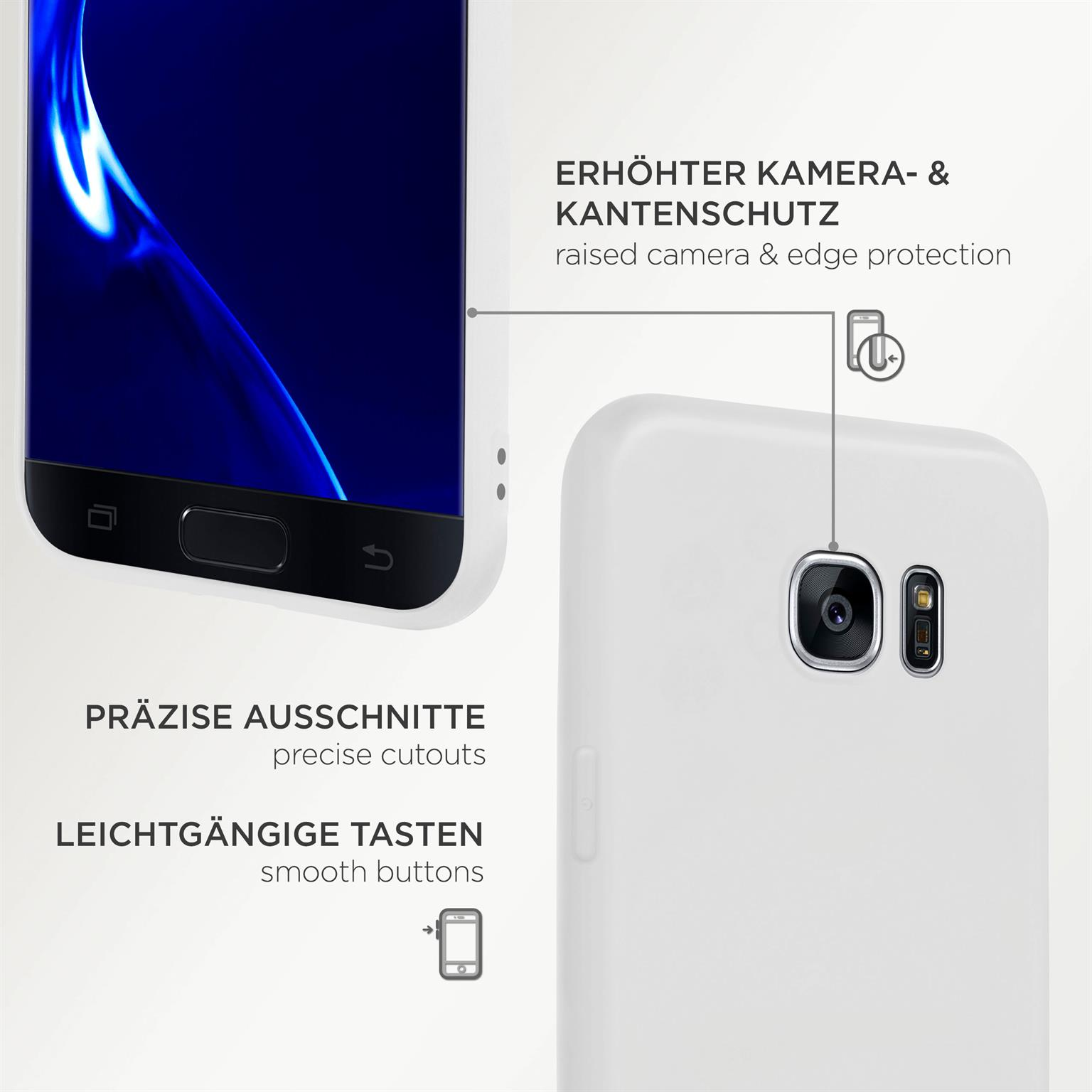 Weiße Handyhülle mit Telefon. Text: Präzise Ausschnitte, leichtgängige Tasten. Erhöhter Kamera- & Kantenschutz.