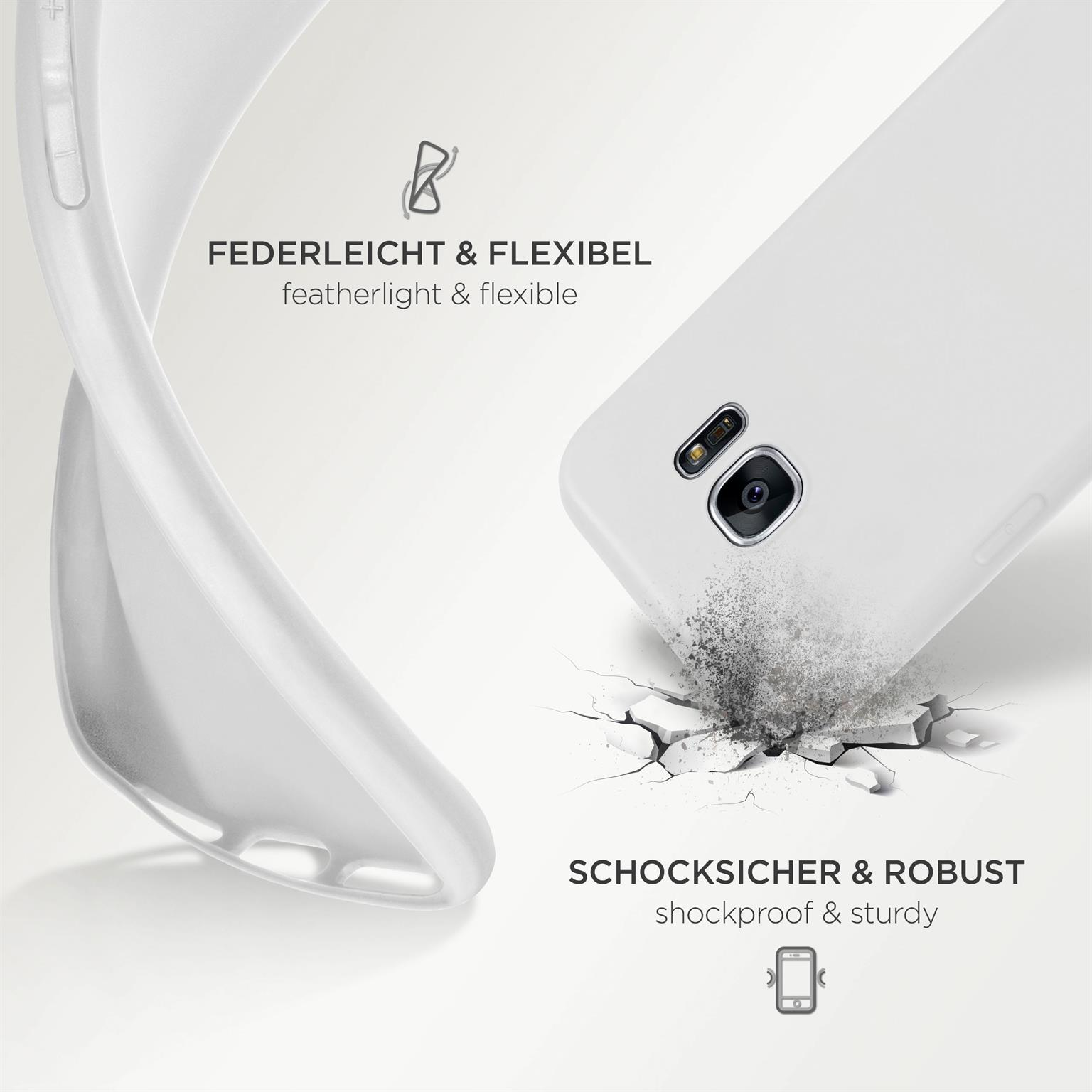 Eine weiße Handyhülle biegt sich. Es befindet sich in der Nähe einer zerbrochenen Oberfläche, wo sich das Telefon befindet.