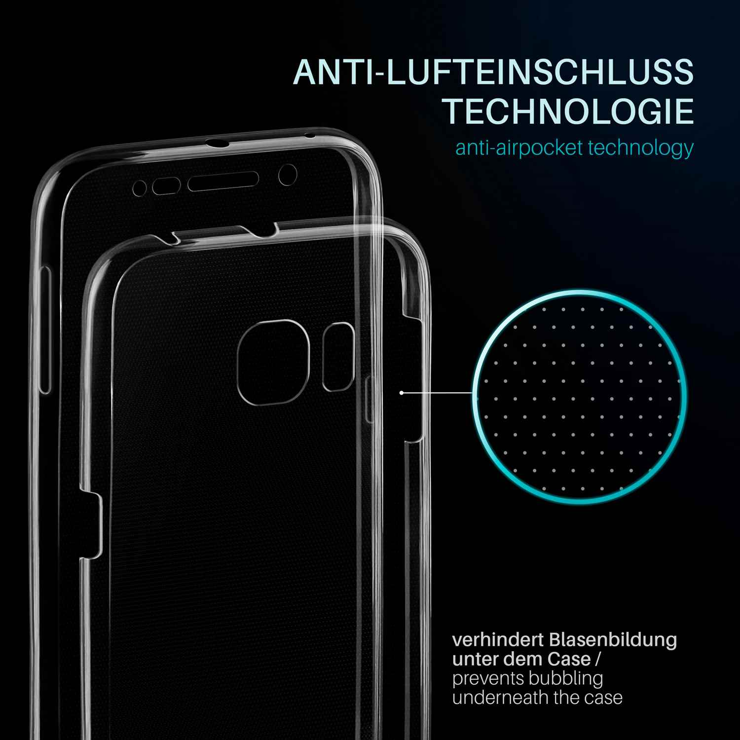 Zwei klare Displayschutzfolien. Das Bild zeigt die Lufttaschentechnologie zur Verhinderung von Blasenbildung.