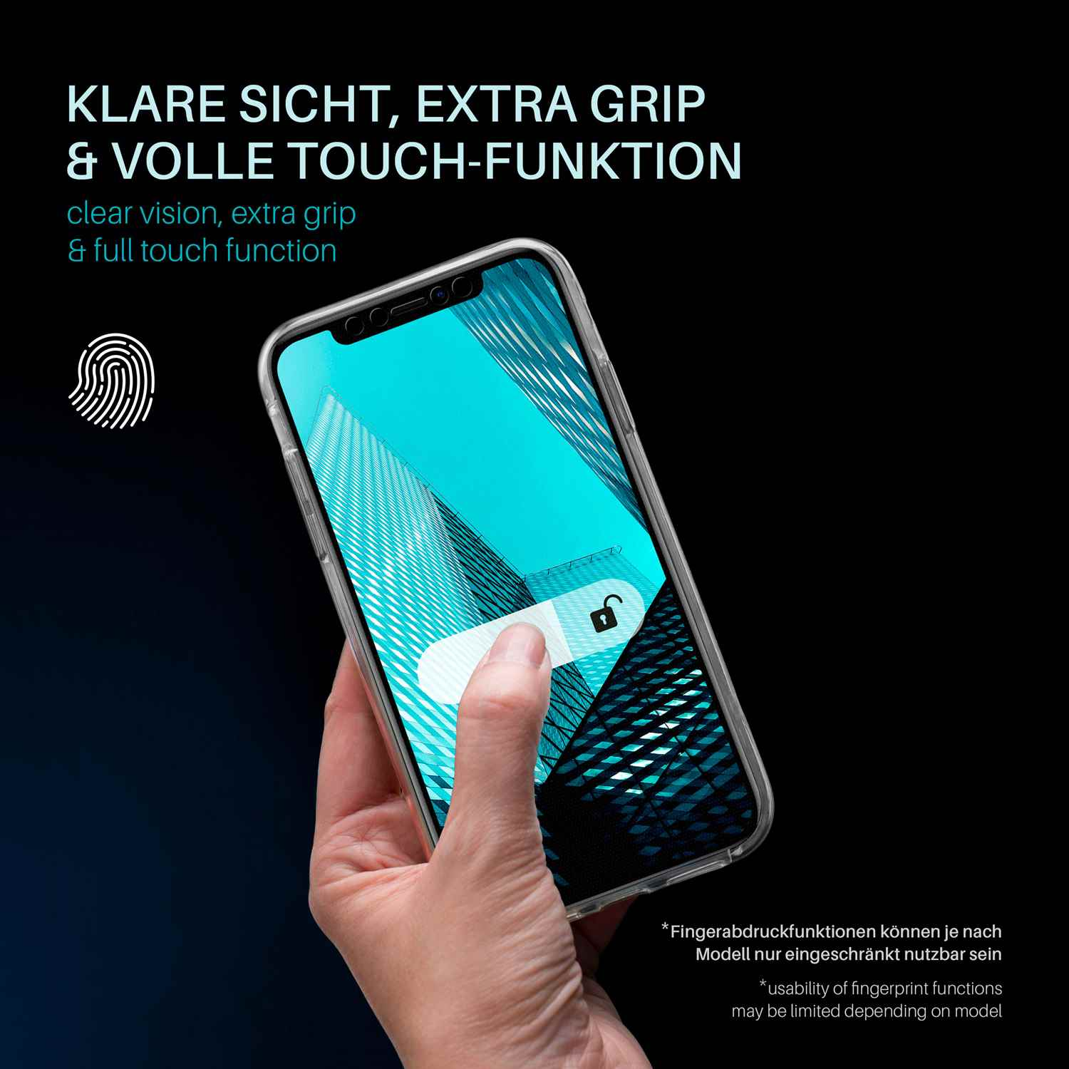 Hand, die ein Telefon mit klarer Displayschutzfolie hält. Ein Finger berührt den Bildschirm mit einem Schloss-Symbol.