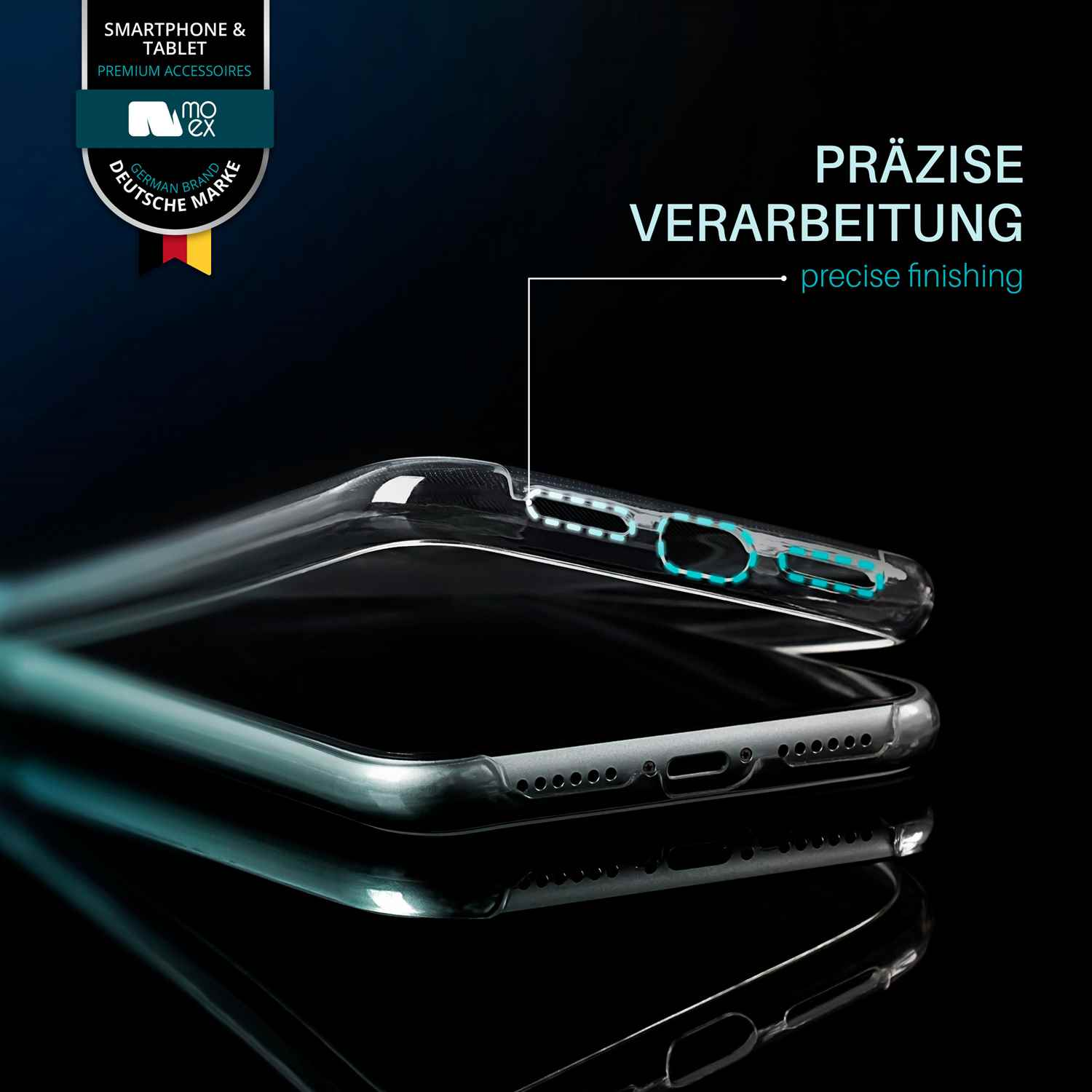 Geöffnete Handyhülle, die Anschlüsse zeigend. Text: Präzise Verarbeitung.