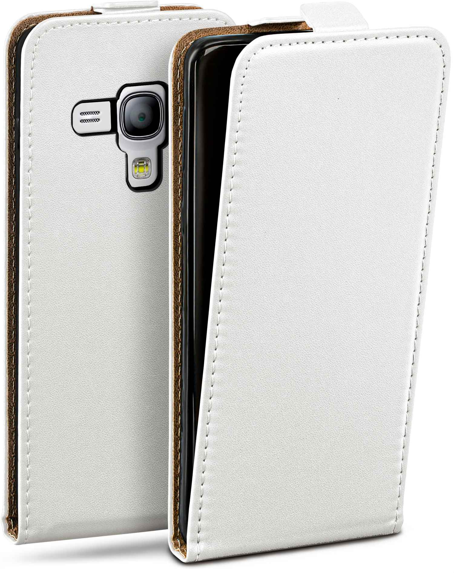 Weiße Leder-Handyhülle, offen, zeigt das Telefon im Inneren. Eine Kamera ist auf der Rückseite sichtbar.