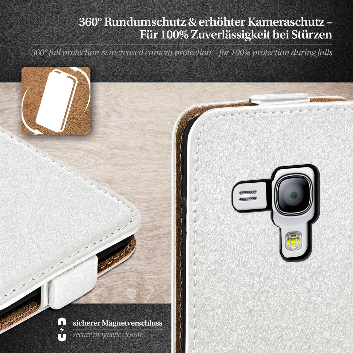Eine weiße Handyhülle mit einem Telefon darin. Die Hülle hat einen sicheren Magnetverschluss und Kameraschutz.