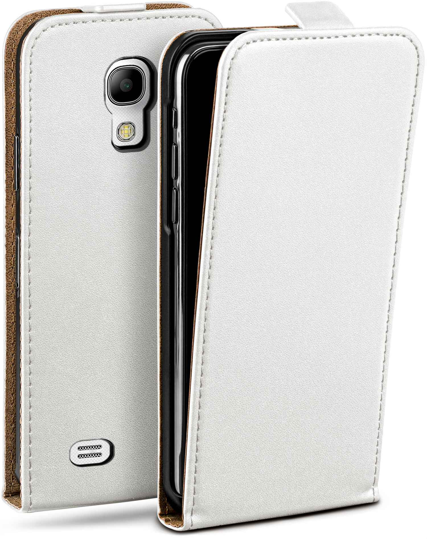 Weiße Leder-Handyhülle geöffnet, zeigt ein schwarzes Smartphone. Braune Innenseite.