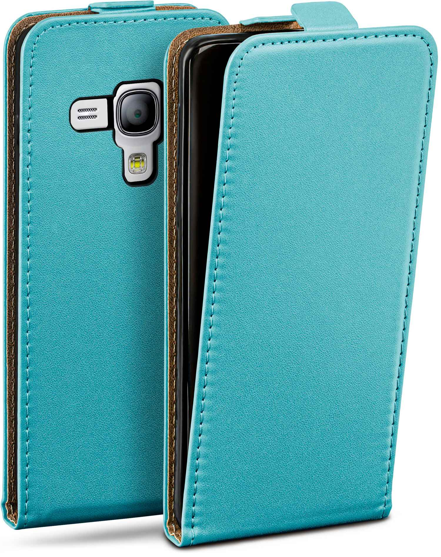 Türkisfarbene Handyhülle, geöffnet mit Telefon. Rückseite mit Kamera sichtbar.