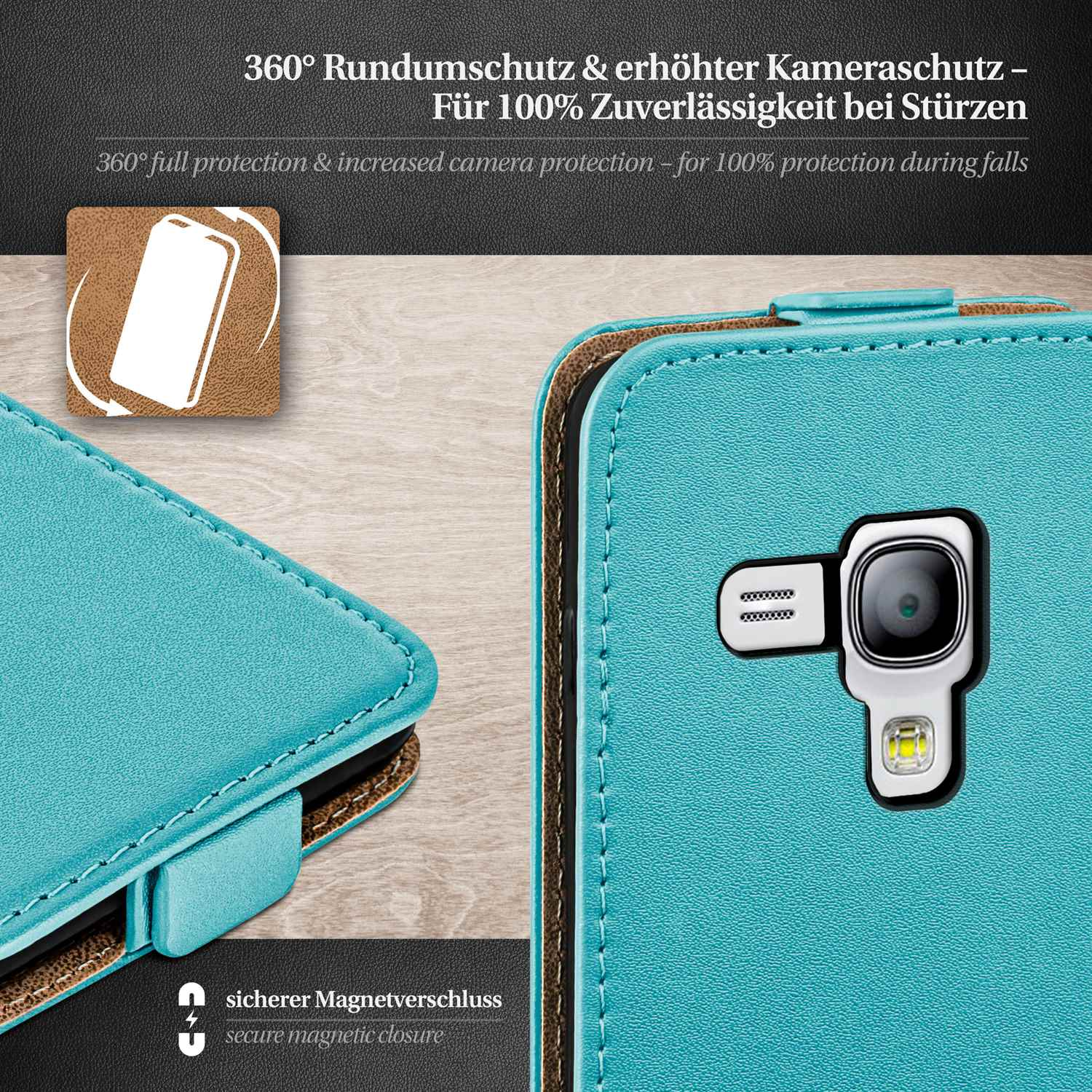 Türkisfarbene Handyhülle mit Telefon darin. Text: 360° Schutz & erhöhter Kameraschutz - für 100% Zuverlässigkeit bei Stürzen.