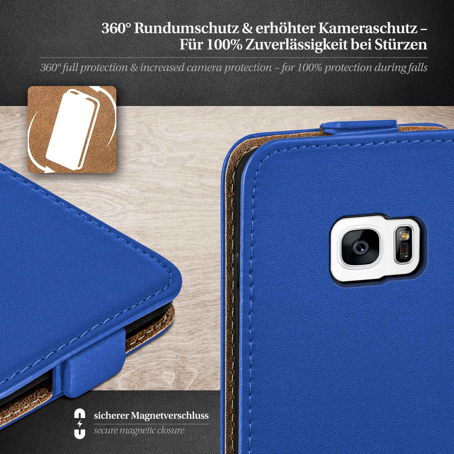 Nahaufnahme einer blauen Handyhülle mit sicherem Magnetverschluss. Die Handyhülle schützt die Kamera.