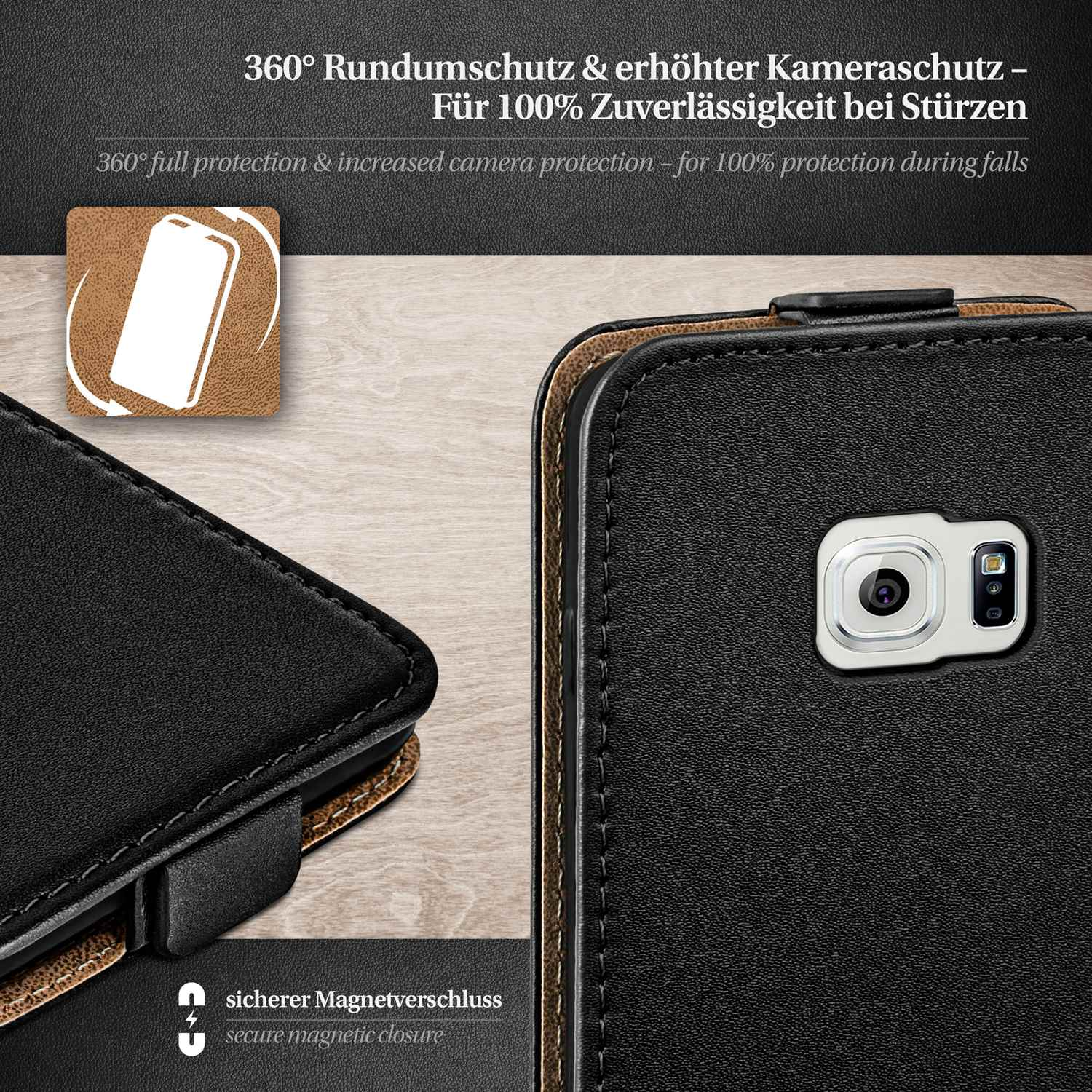 Schwarze Handyhülle mit Telefonillustration. Text über Schutz.