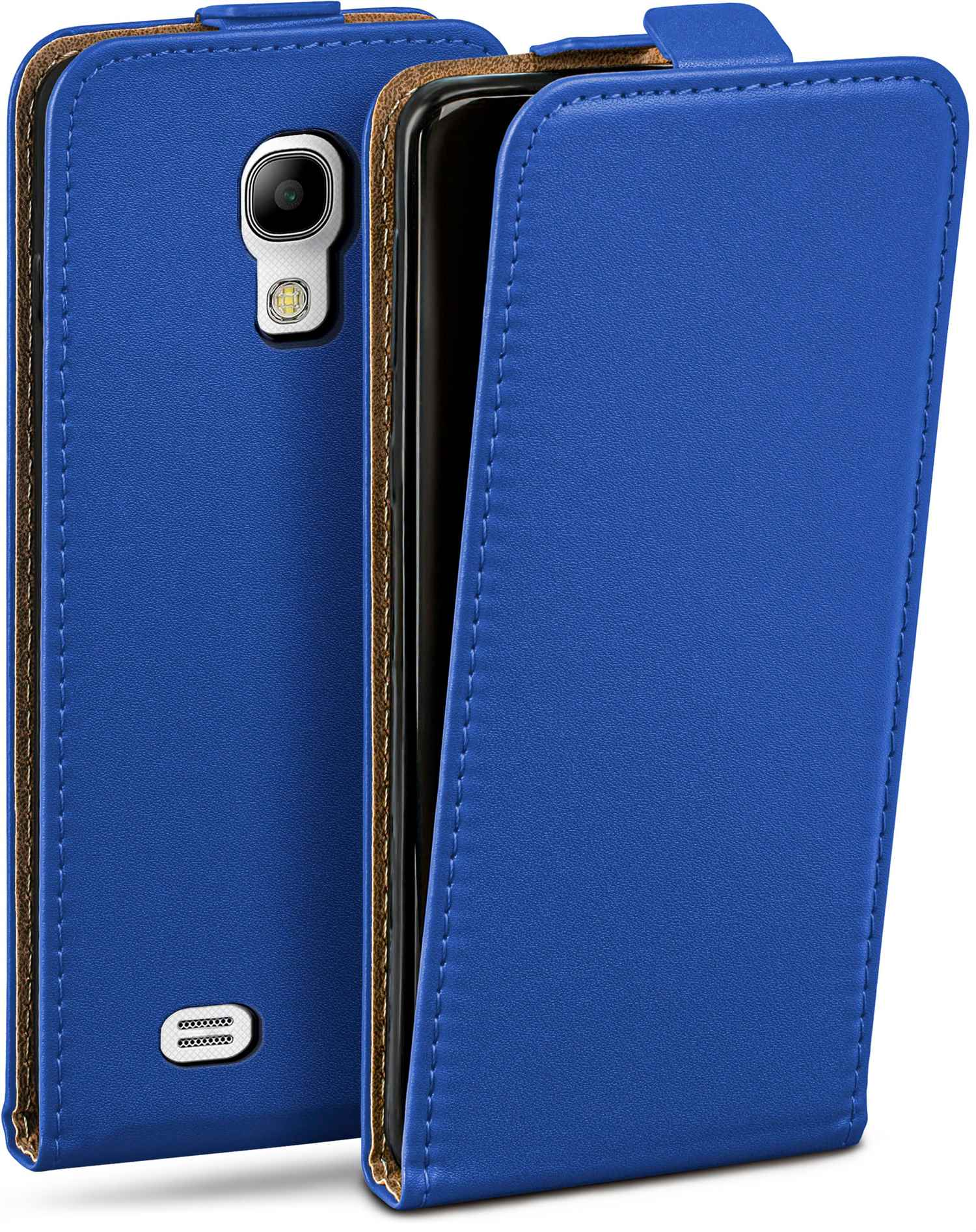 Blaue Handyhülle mit geöffneter Klappe, Telefon innen sichtbar. Braune Innenseite.