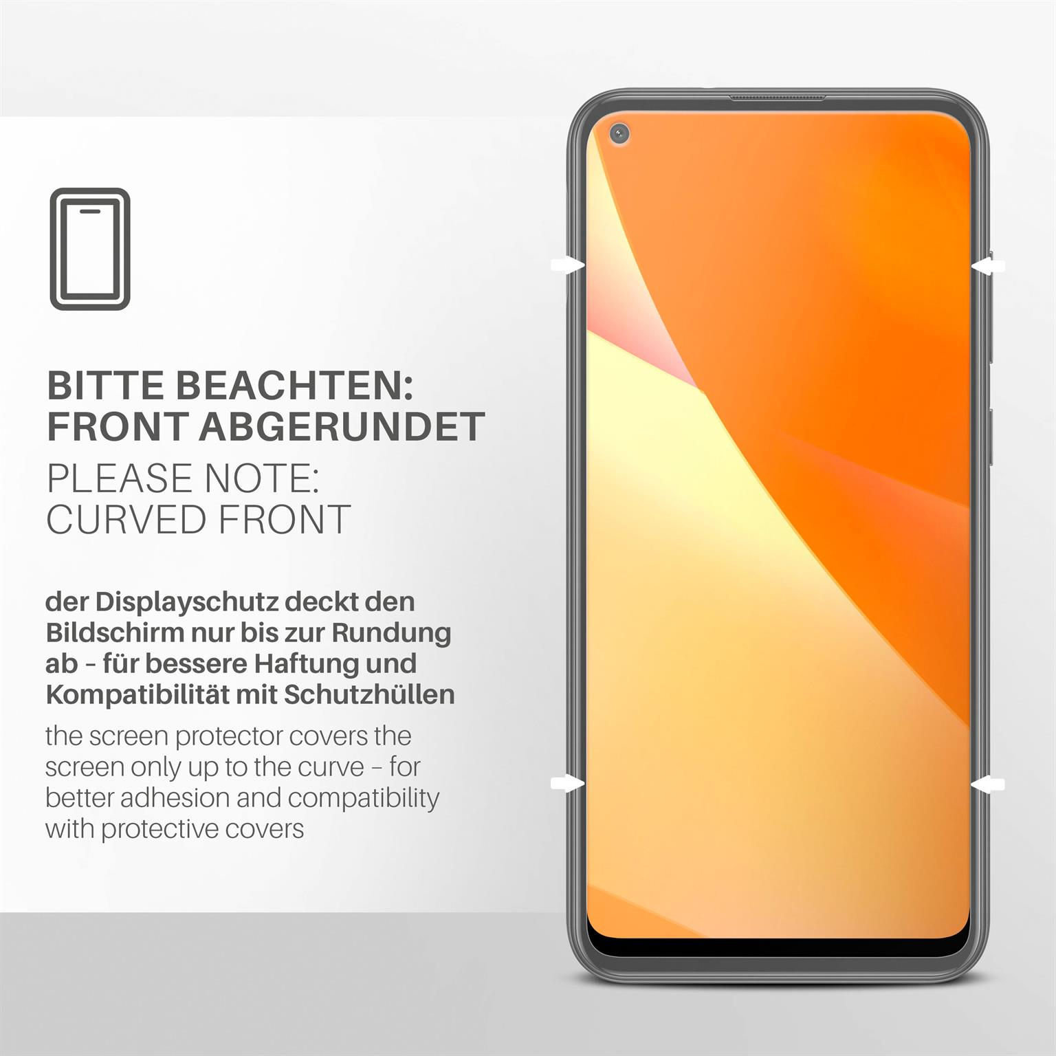 Ein Telefon mit abgerundeter Front und einem Displayschutz. Der Schutz bedeckt nur die Rundung.