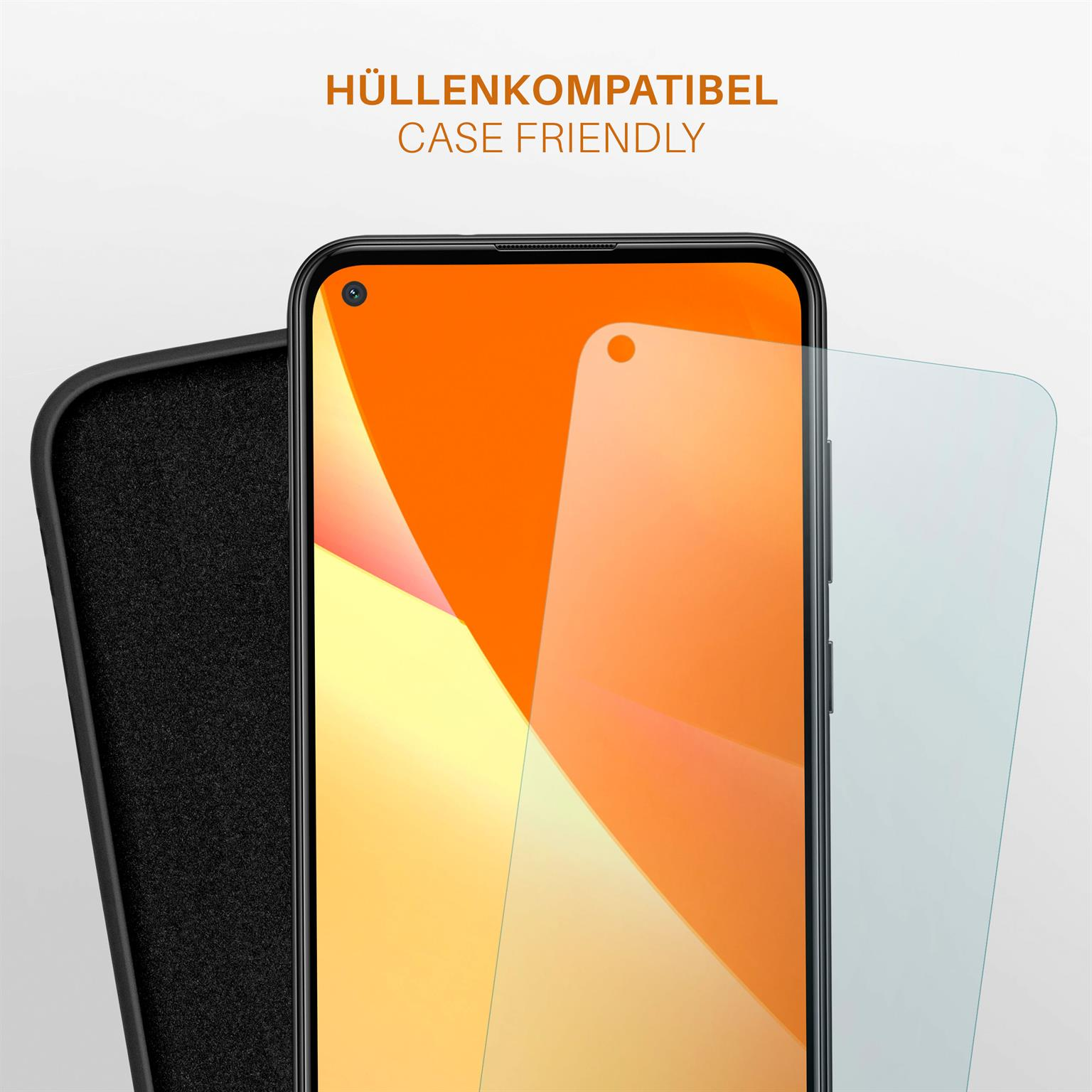 Telefon mit angebrachtem Displayschutz und Hülle. Die Hülle ist schwarz, der Bildschirm orange. Hüllenfreundlich.