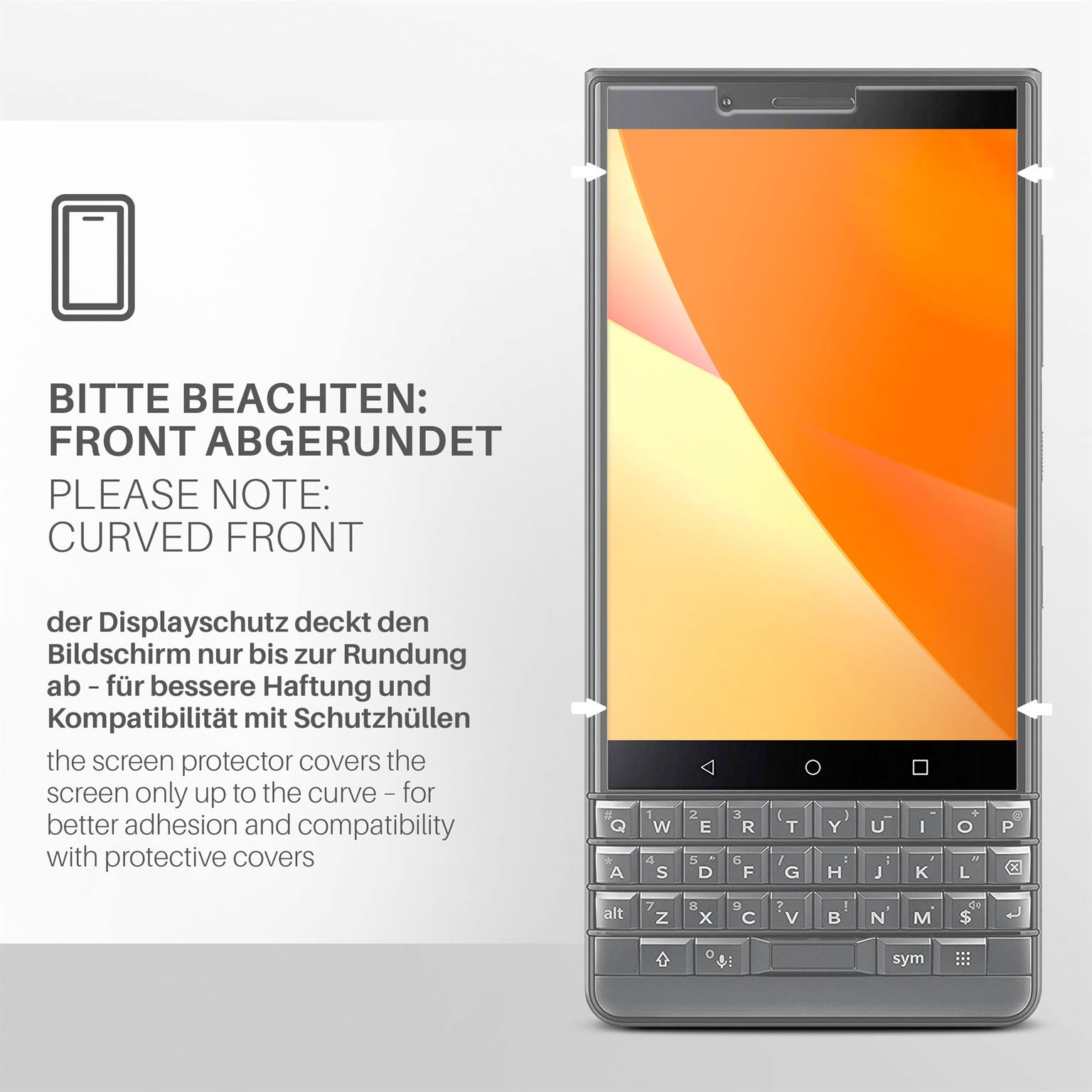 Smartphone mit abgerundeter Front. Text: Bitte beachten: Abgerundete Front, Displayschutz bedeckt nur bis zur Rundung.