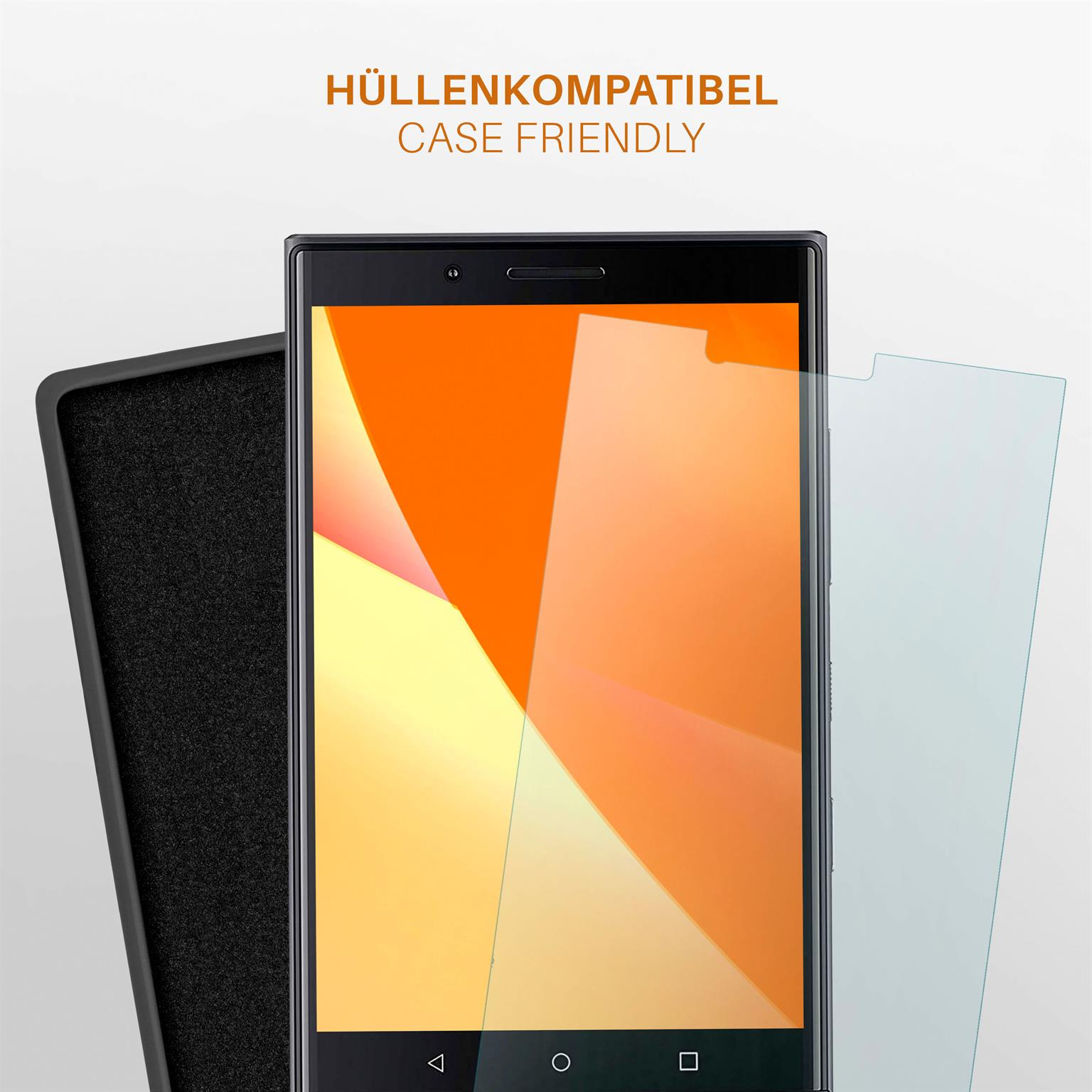 Ein Telefon in einer Hülle mit Displayschutz. Der Bildschirm ist orange und die Hülle schwarz.