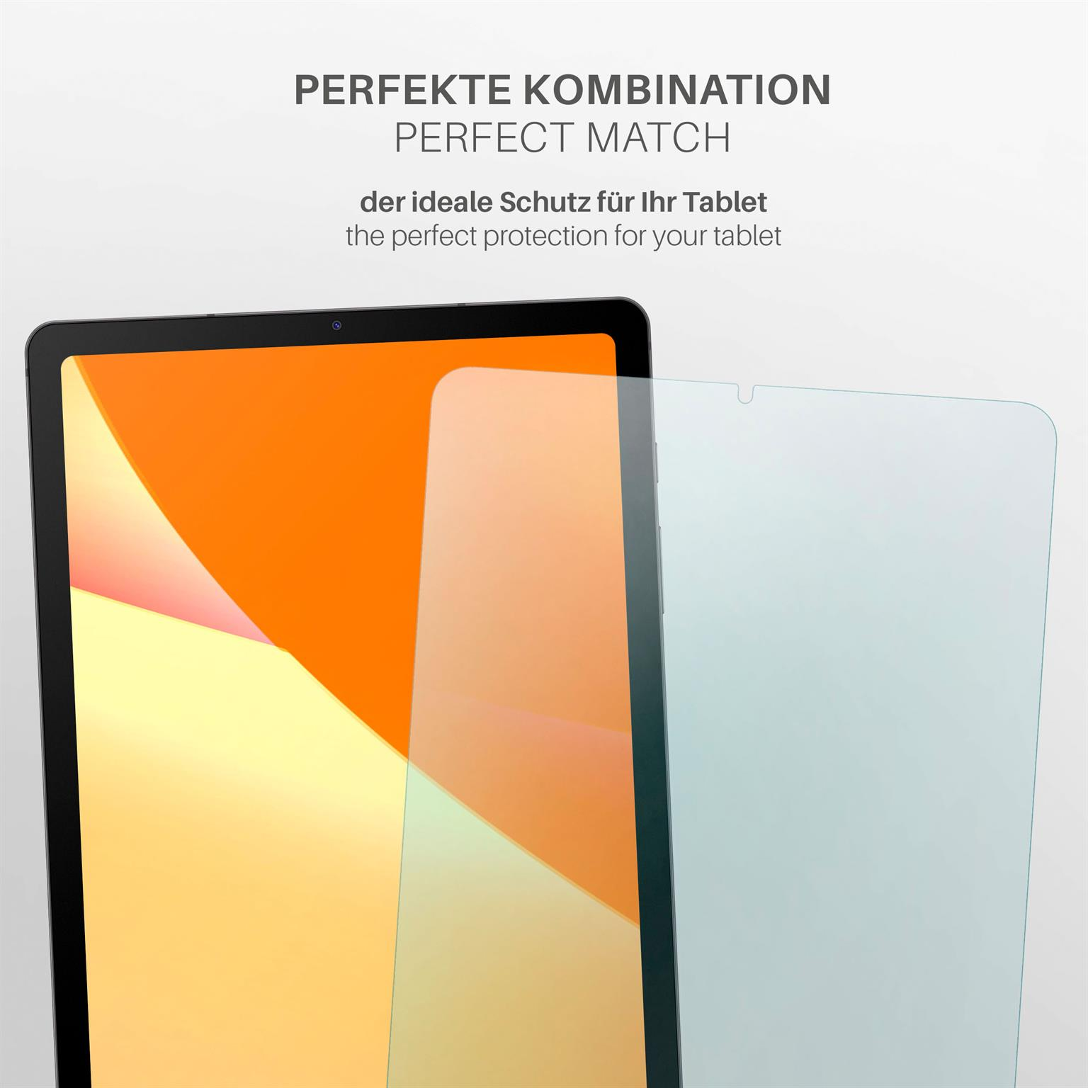 Tablet mit Displayschutz. Text: Perfekte Kombination. Der perfekte Schutz.