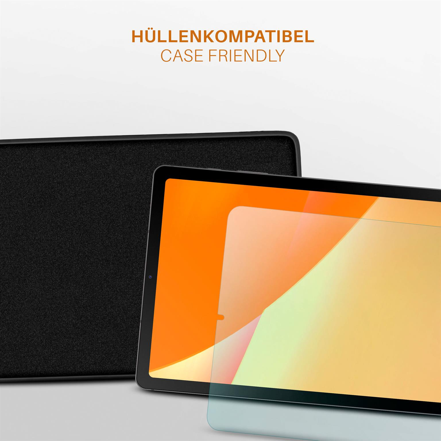 Ein Tablet mit Displayschutz und Hülle. Der Bildschirm zeigt einen orange-gelben Farbverlauf.