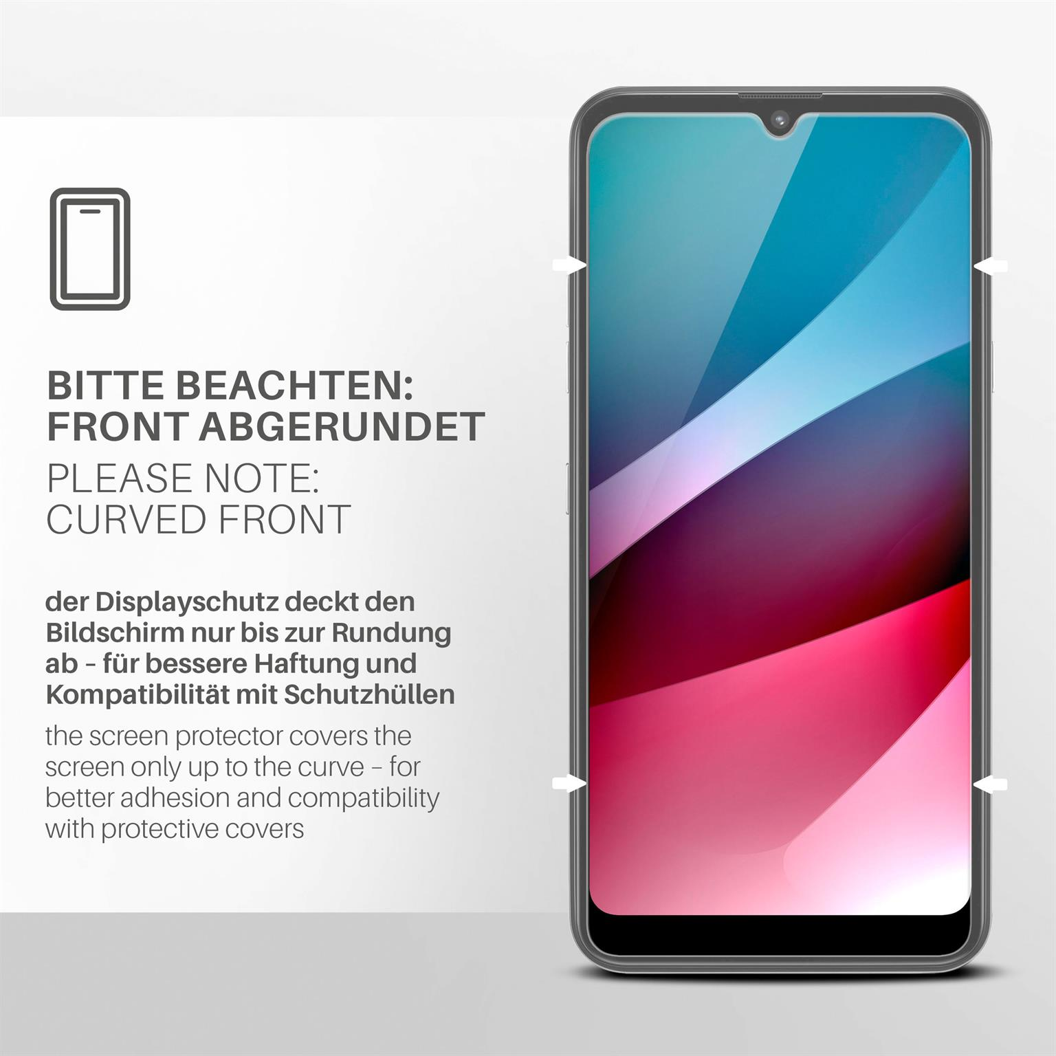 Ein Smartphone mit Displayschutz, Text 'Curved Front'. Der Schutz bedeckt nur die Krümmung.