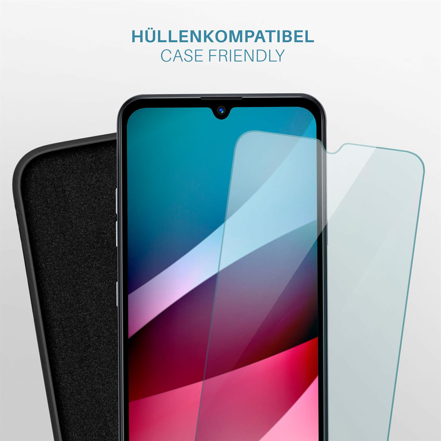 Smartphone-Bildschirm mit Displayschutz und schwarzem Gehäuse. Der Bildschirm zeigt ein farbenfrohes Bild.