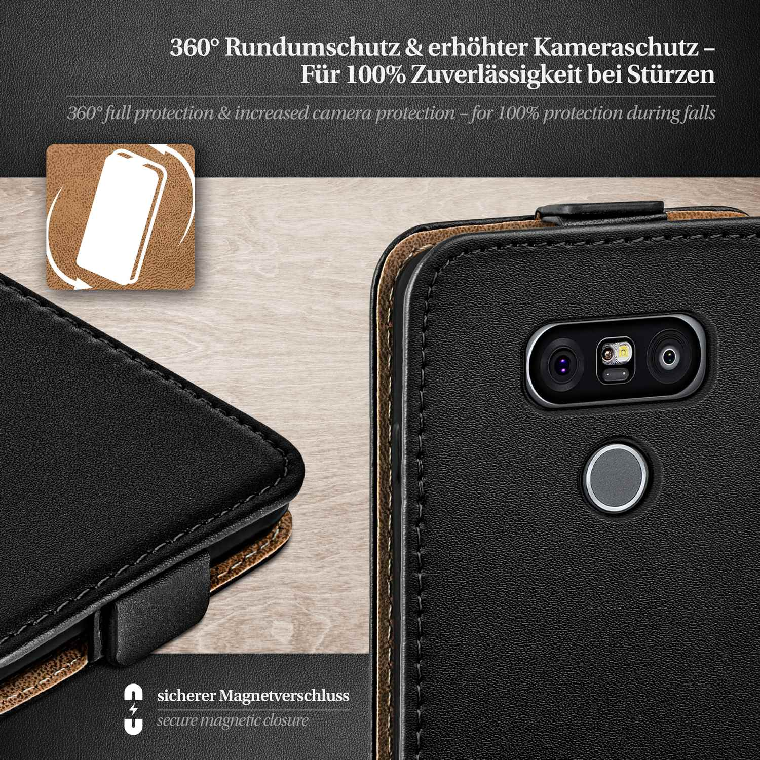 Nahaufnahme einer Handyhülle. Text: 360° Rundumschutz und erhöhter Kameraschutz. Sicherer Magnetverschluss.